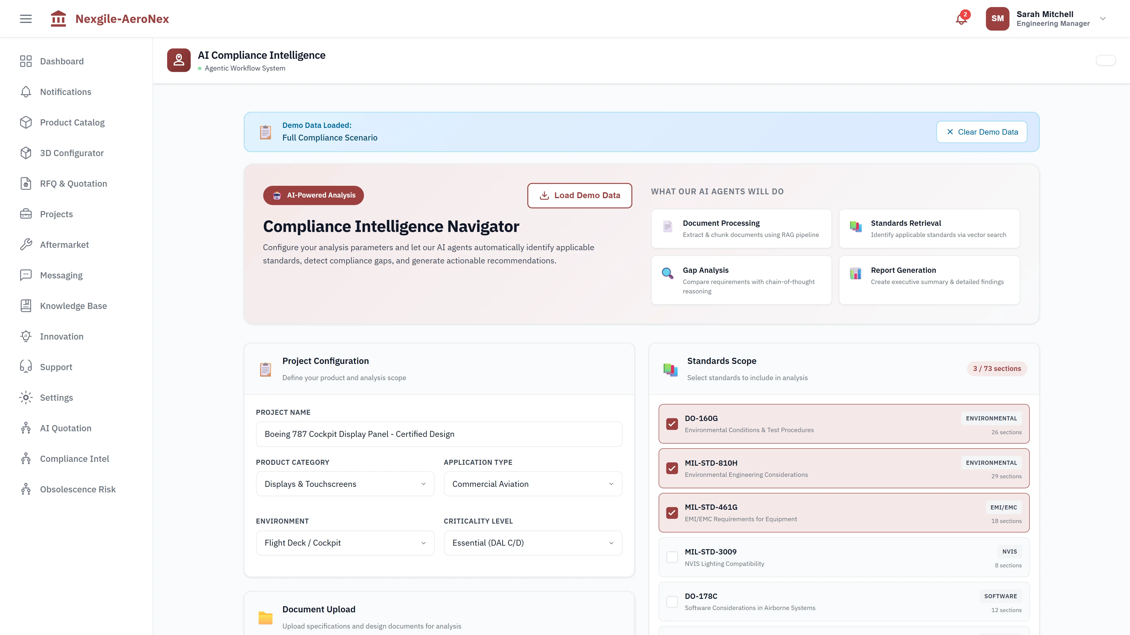 Configuration - Upload specifications and select regulatory standards for analysis