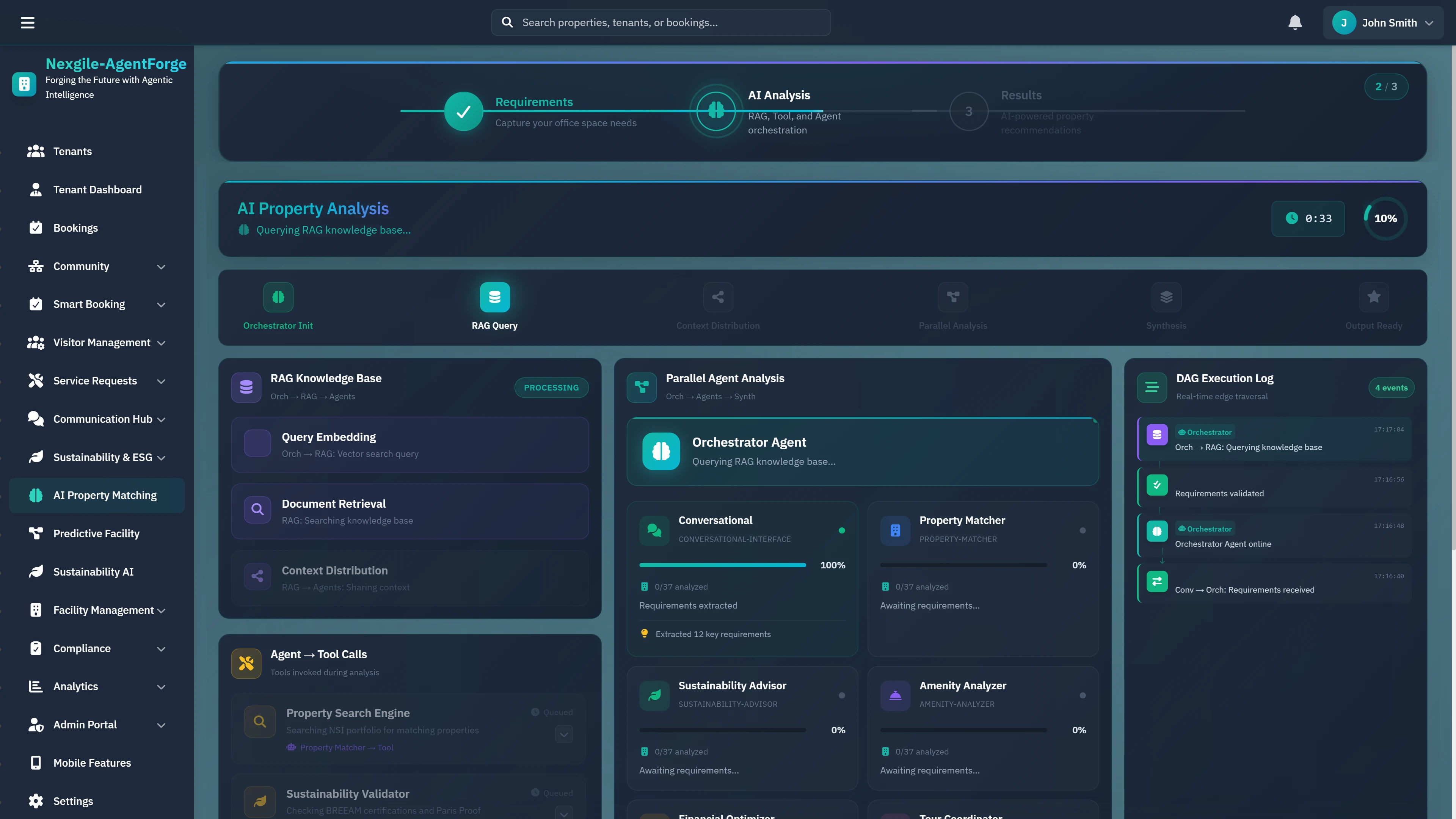 AI Property Analysis - Multi-agent orchestration dashboard showing RAG pipeline processing, parallel agent analysis, and real-time execution logs.