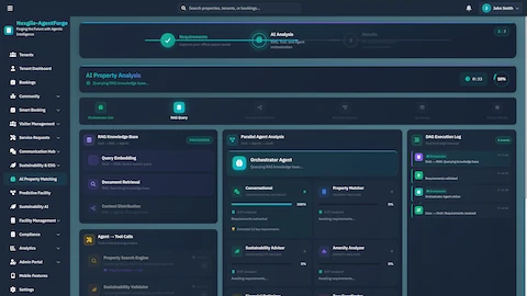 AI Property Analysis - Multi-agent orchestration dashboard showing RAG pipeline processing, parallel agent analysis, and real-time execution logs.