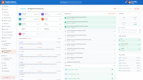 AI agents processing dashboard showing 9-agent orchestration with Orchestrator, Planner, Researcher, Analyzer, Generator, Critic, Reflector, Synthesizer, and Validator agents executing ReAct reasoning loops with real-time safety guardrails and trace timeline