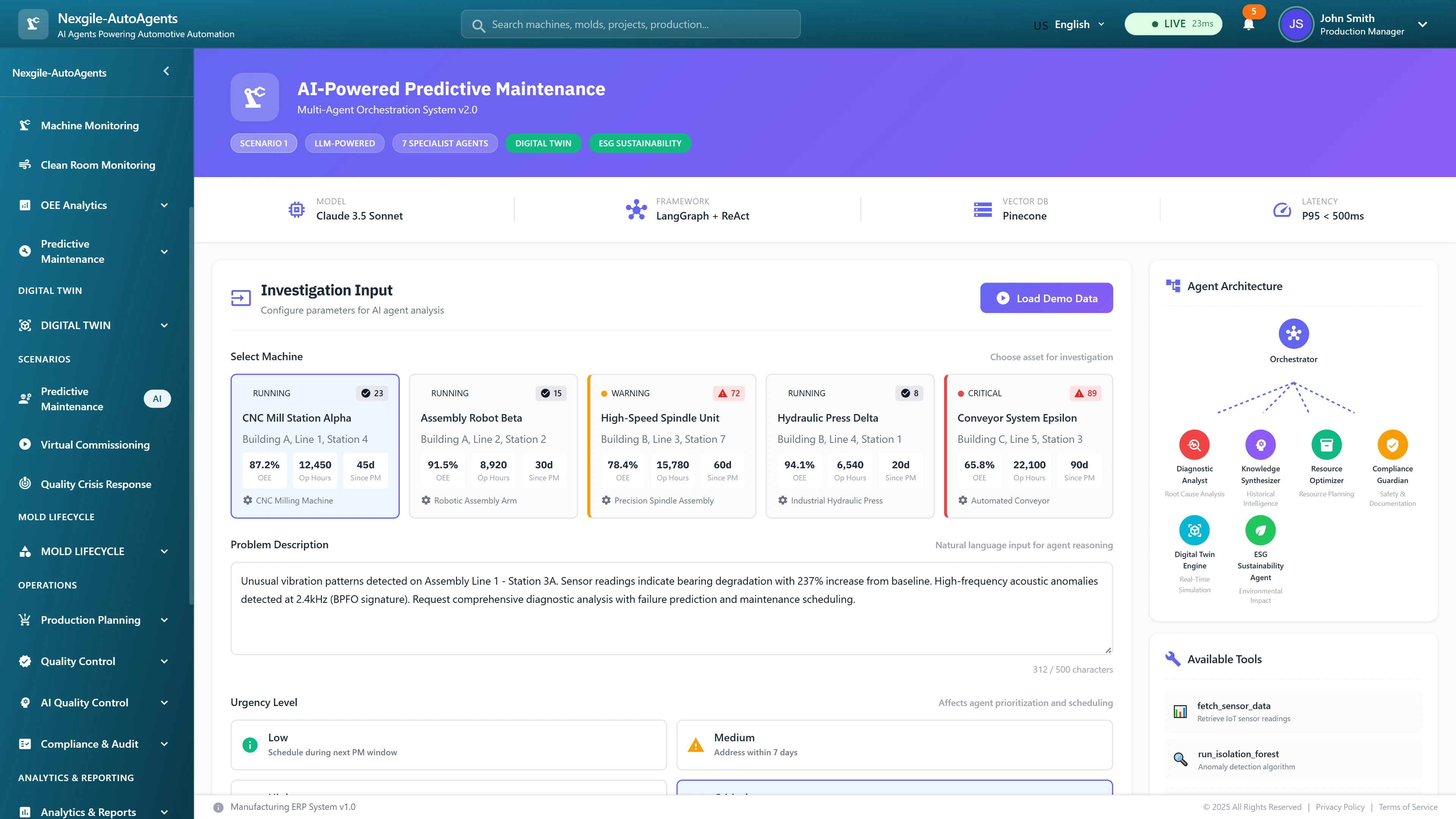 Investigation Input interface showing machine health monitoring with multiple equipment cards displaying OEE scores, cycle times, and real-time status, alongside the 7-agent architecture visualization for predictive maintenance analysis