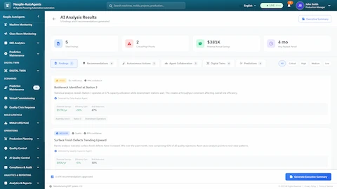 AI analysis results dashboard presenting 5 findings with $381K potential annual savings, detailed insights on production bottlenecks and quality trends, efficiency improvement projections, and risk reduction metrics with confidence scoring