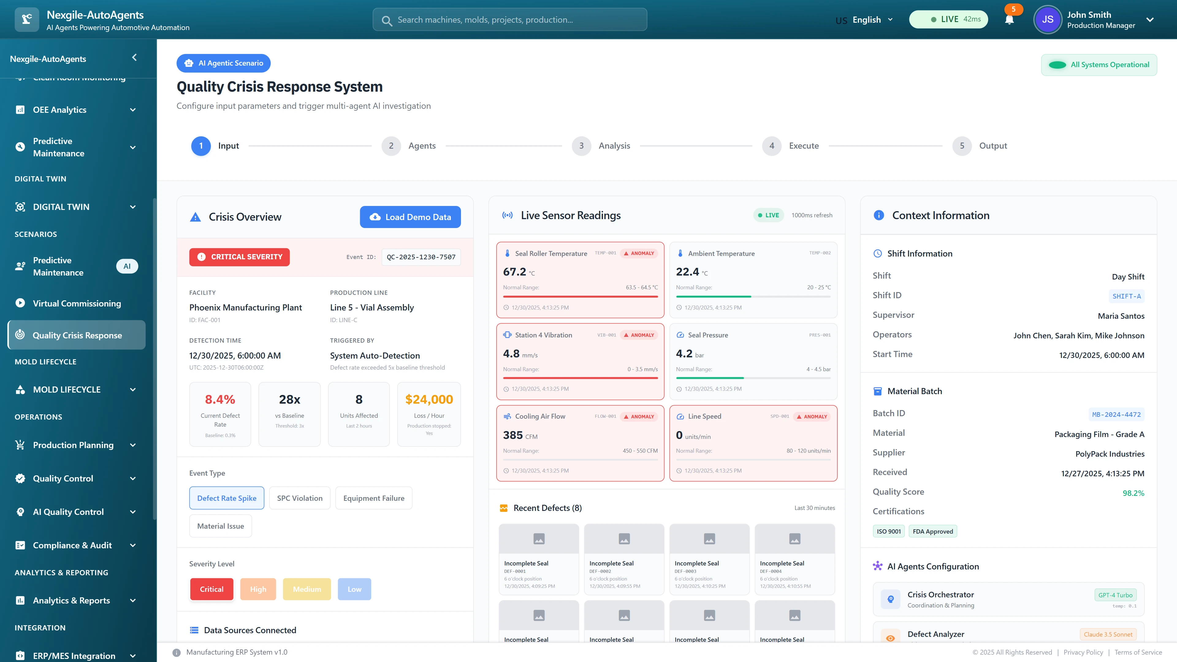 Crisis response input screen displaying critical quality event details (8.4% defect rate spike, 28x baseline), live sensor telemetry with anomaly indicators, recent defect imagery, shift/batch context, and 8-agent configuration for rapid investigation