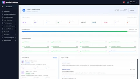 Agent Orchestration Dashboard - Real-time monitoring of the 9-phase distribution workflow showing workflow metrics, processing phases (Fund Analysis, Transaction Validation, Waterfall Calculation, Compliance Validation), agent fleet status, and activity feed with live agent task execution and timestamps