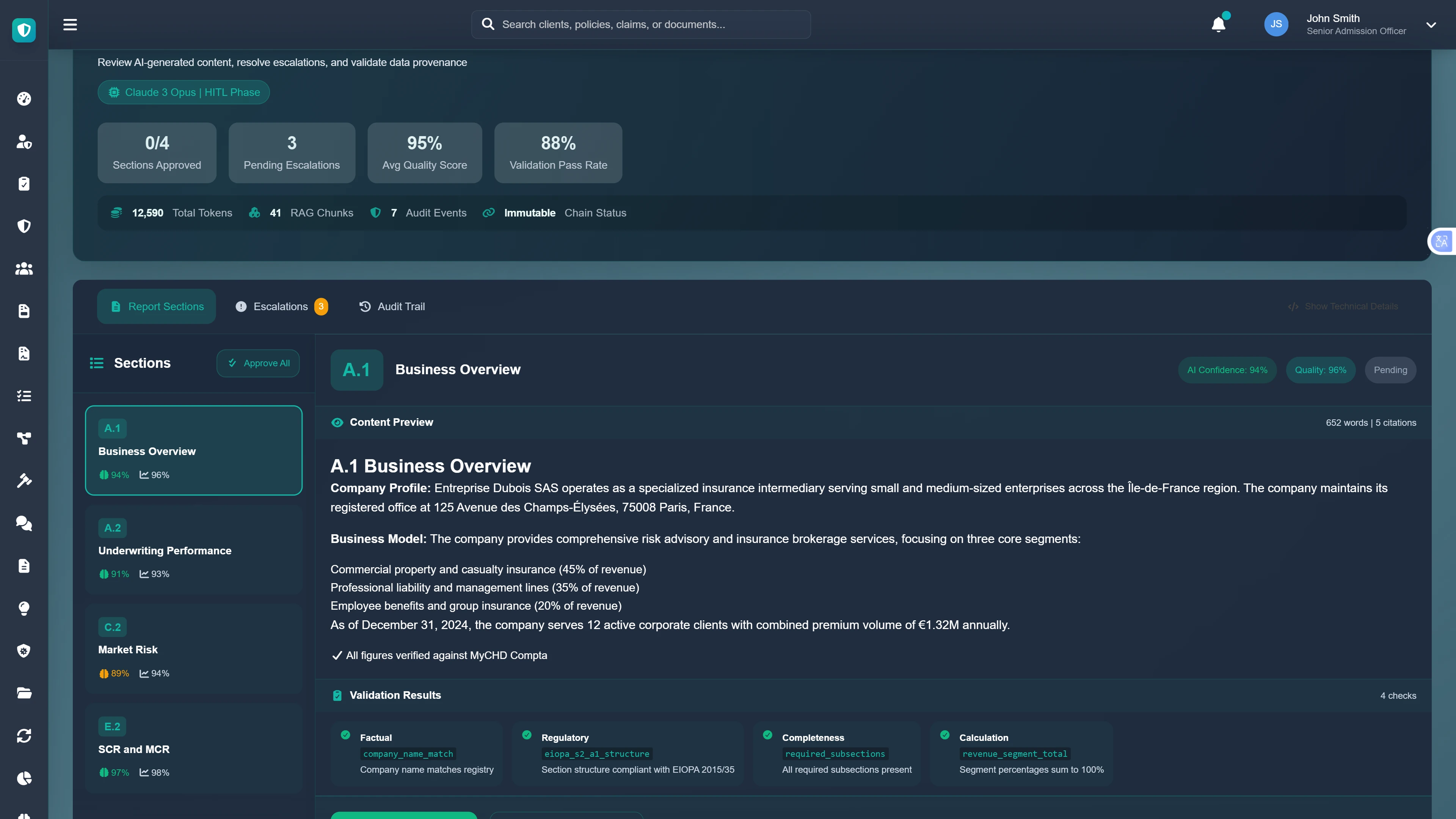 Human-in-the-Loop Review - Quality validation interface showing section approvals, compliance checks, and accuracy metrics
