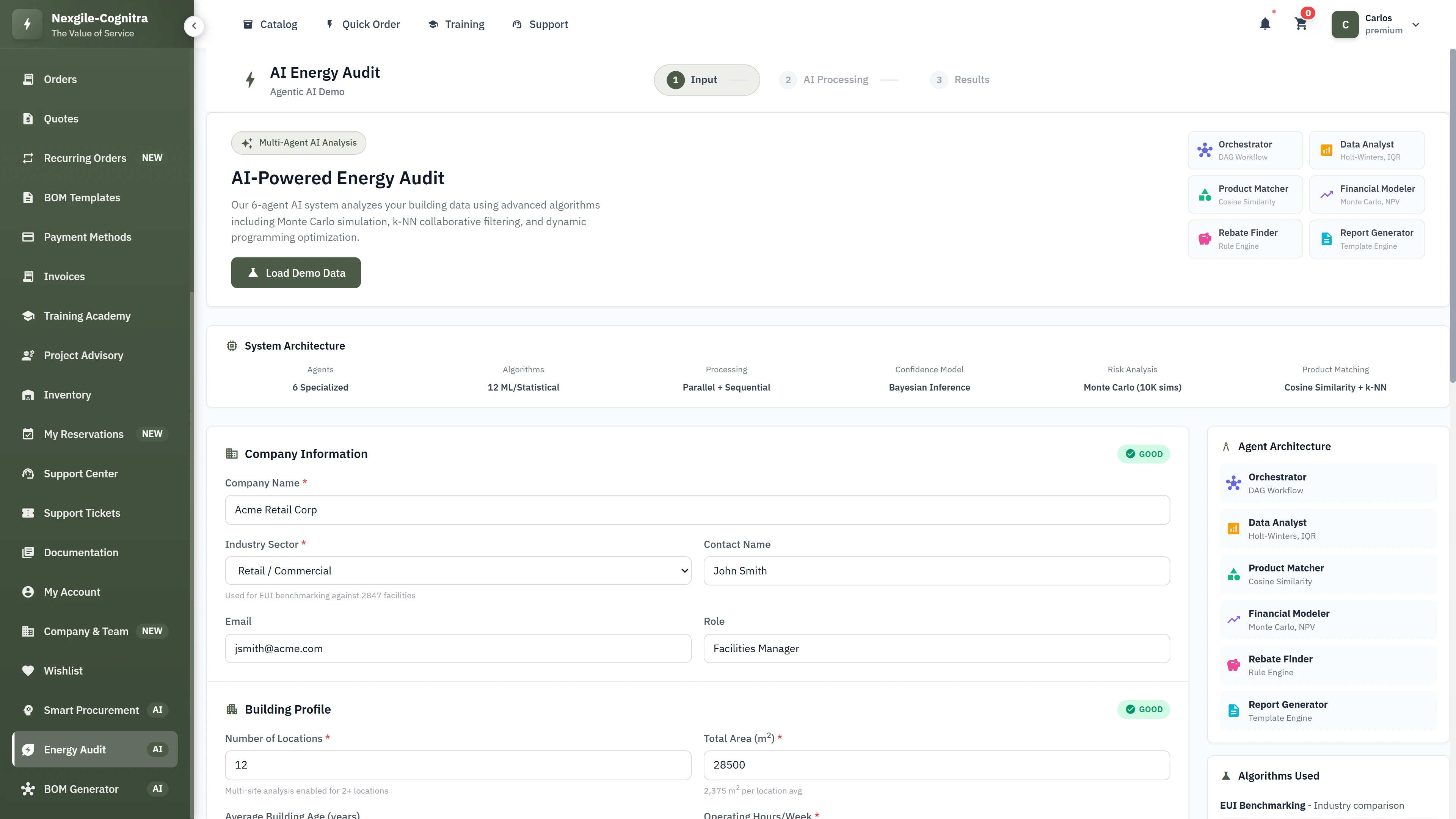 AI-Powered Energy Audit input form with multi-agent system architecture and company profile setup