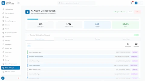 Multi-agent orchestration with OpenTelemetry distributed tracing showing specialized safety agents with span IDs and LLM model assignments.