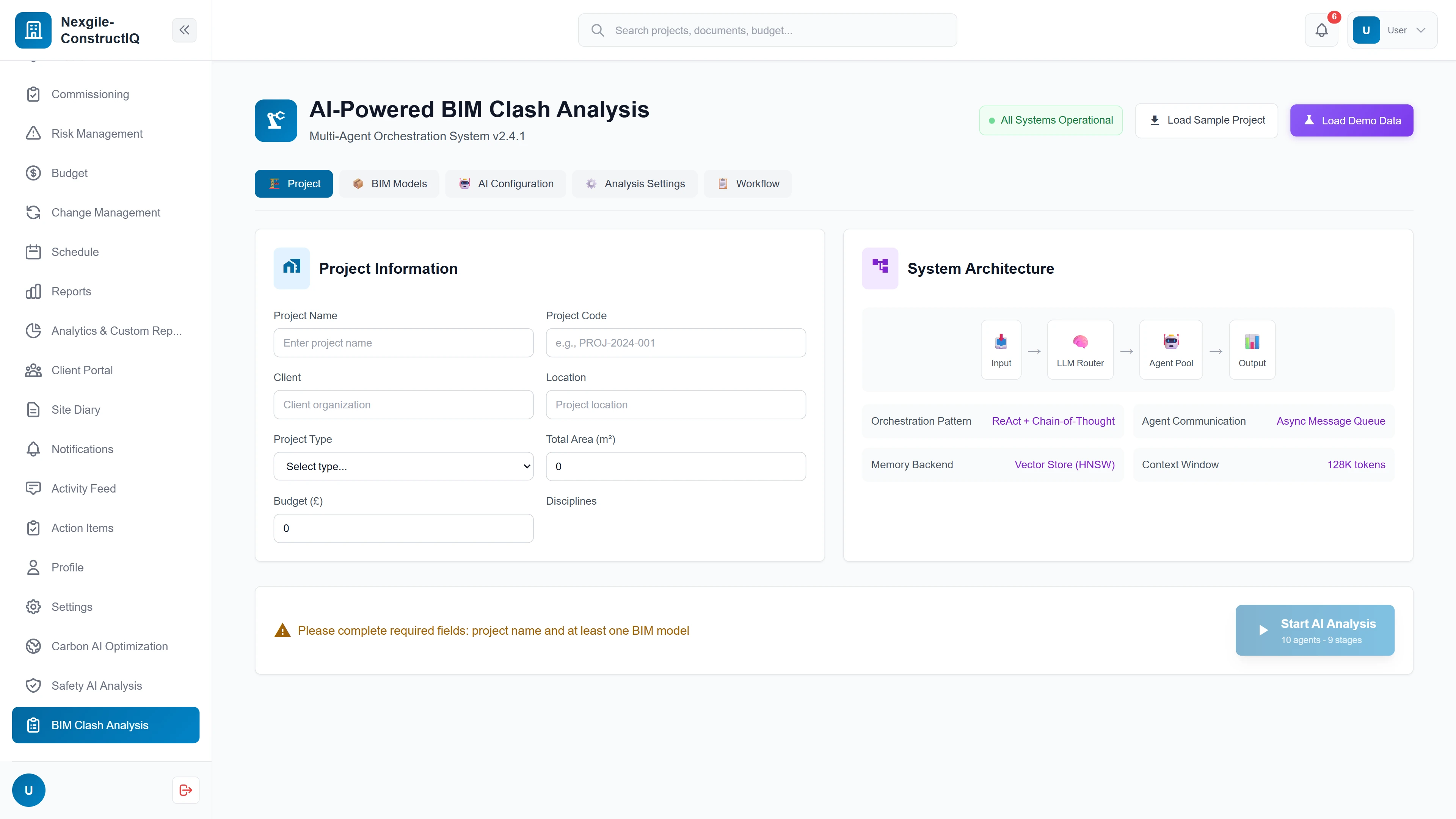 BIM clash analysis configuration with project setup, system architecture diagram, and AI orchestration pattern settings (ReAct + Chain-of-Thought).