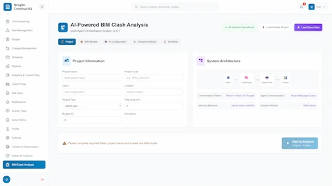 BIM clash analysis configuration with project setup, system architecture diagram, and AI orchestration pattern settings (ReAct + Chain-of-Thought).