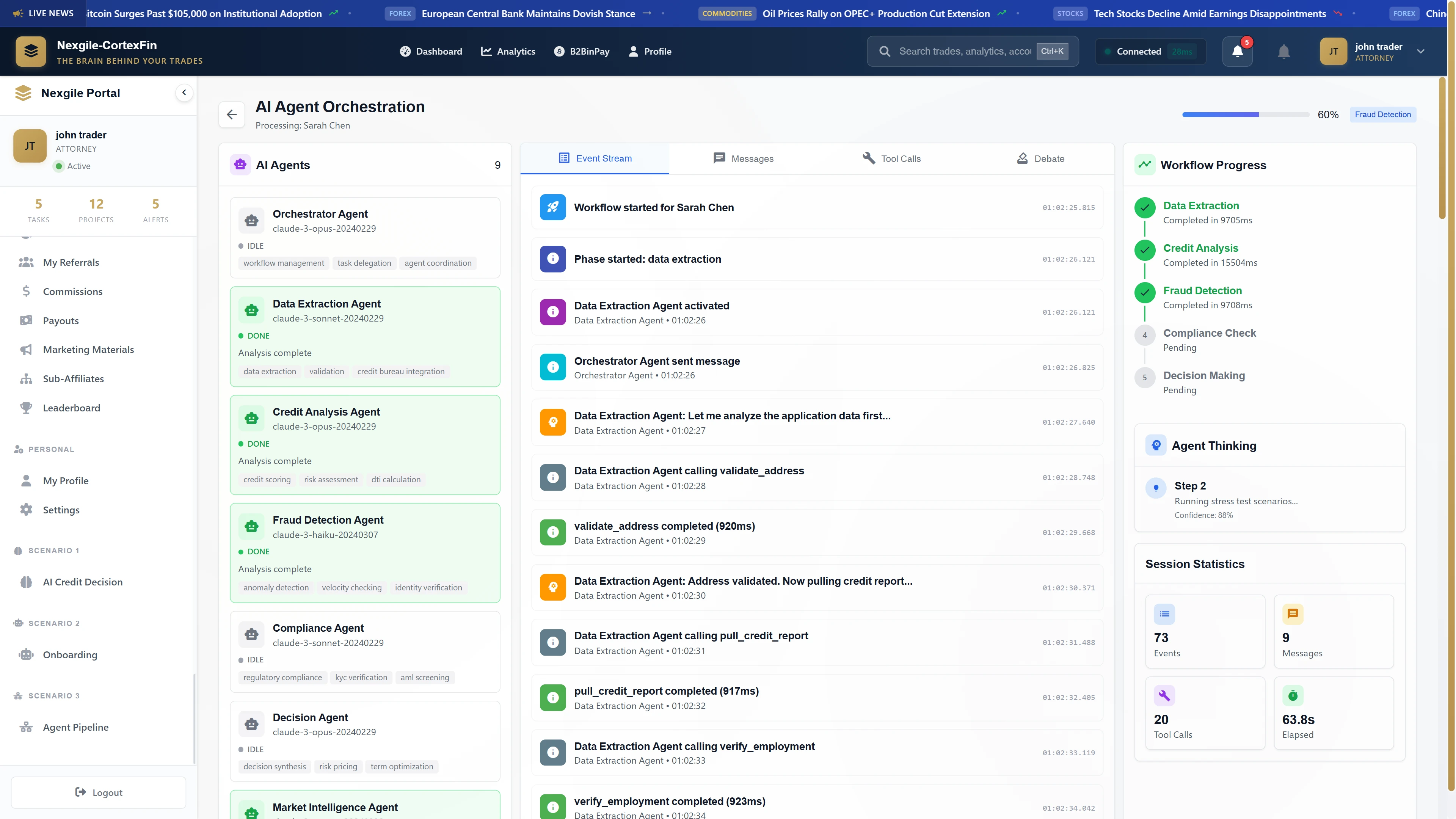 AI Agent Orchestration - Live processing view displaying event stream, workflow progress, agent collaboration, and real-time decision-making for loan application