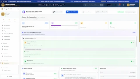 Agent Orchestration - Blockchain analysis phase displaying tool invocations (Tesseract OCR, MRZ Validator), agent network collaboration, and real-time reasoning stream for document verification
