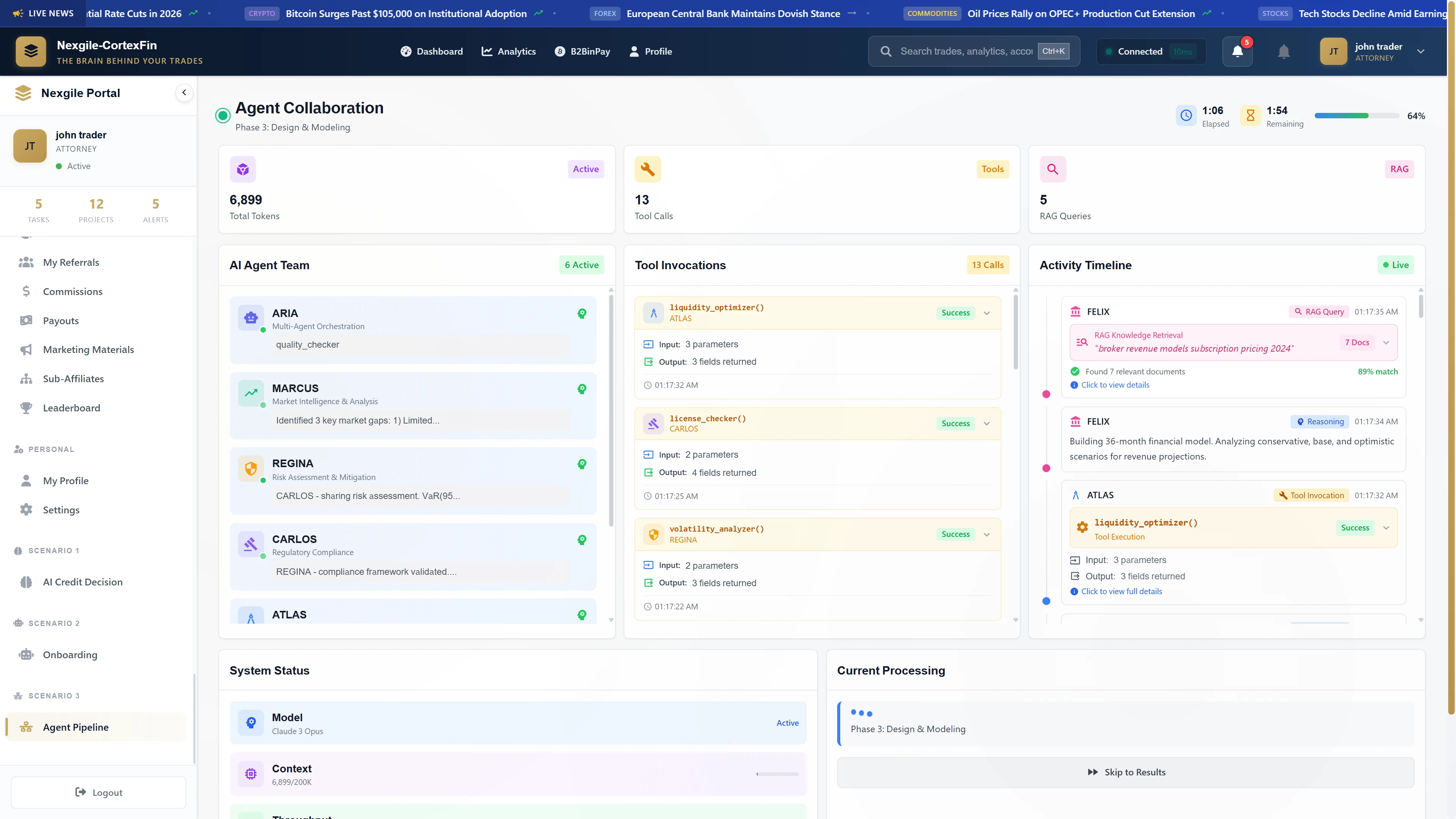 Agent Collaboration In Progress - Multi-agent team (ARIA, MARCUS, REGINA, CARLOS, ATLAS, FELIX) working collaboratively with real-time tool invocations and activity timeline showing RAG queries and reasoning phases