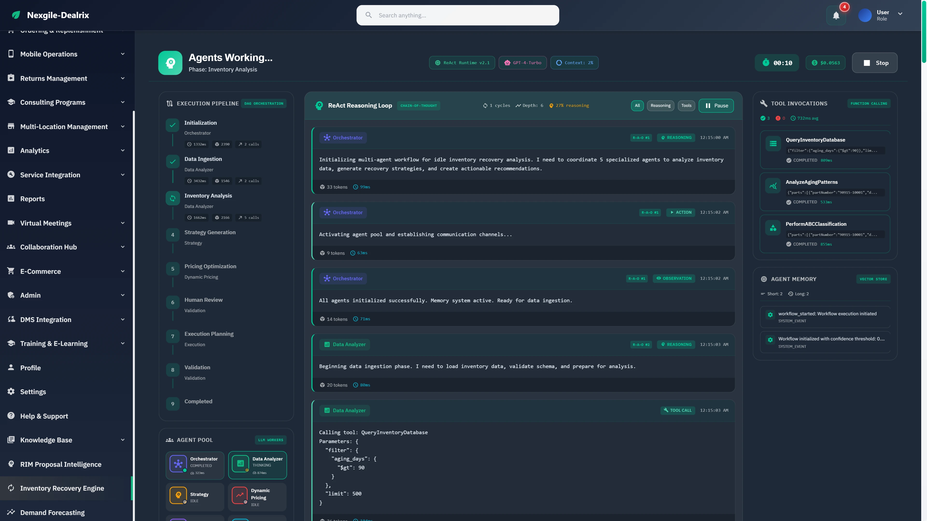 Agents Working view showing ReAct reasoning loop with chain-of-thought processing, execution pipeline stages, tool invocations, and agent memory.