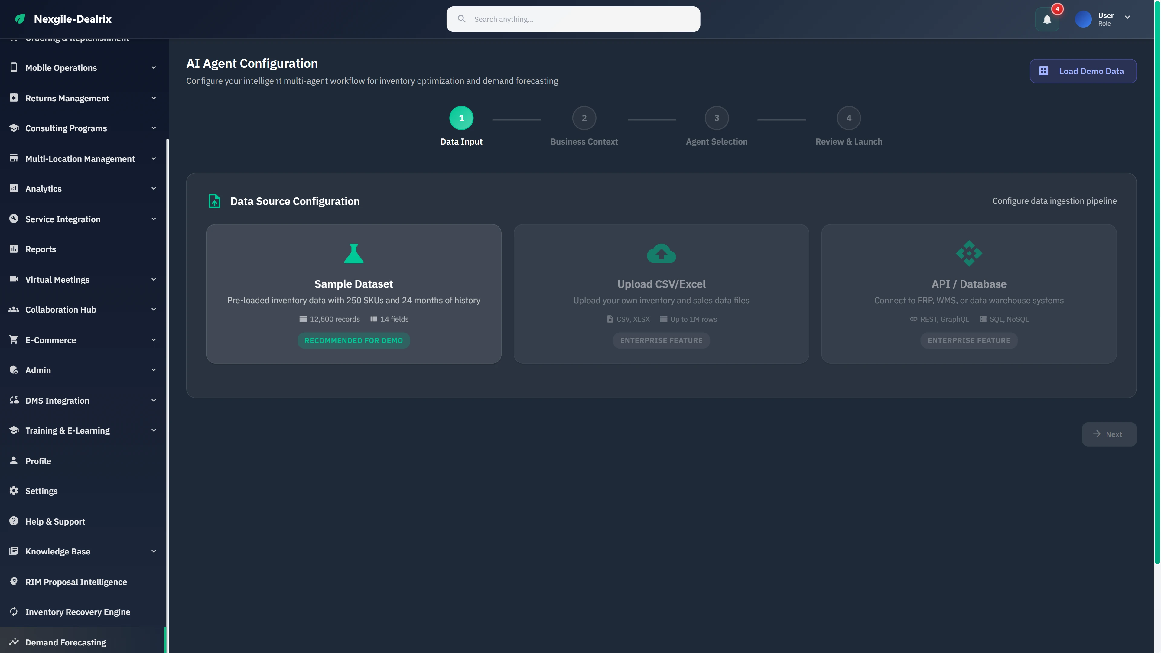 AI Agent Configuration wizard for inventory optimization with data source selection including sample dataset (12,500 records), CSV upload, and API/database connections.