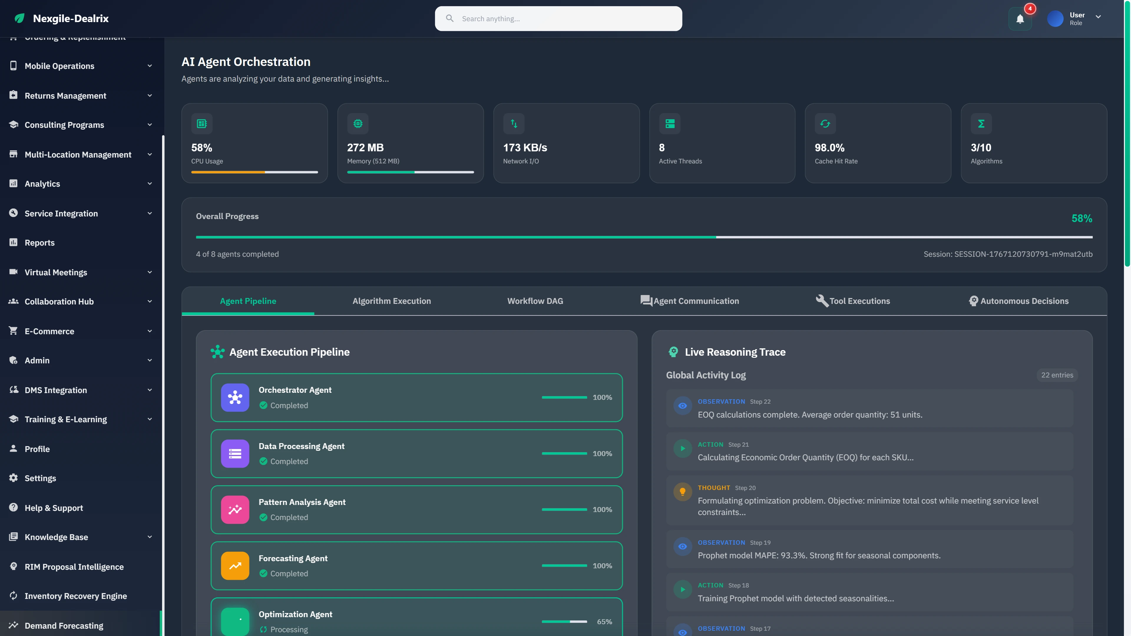 AI Agent Orchestration showing live pipeline progress at 58%, agent execution status, system resource metrics, and real-time reasoning trace with EOQ calculations.