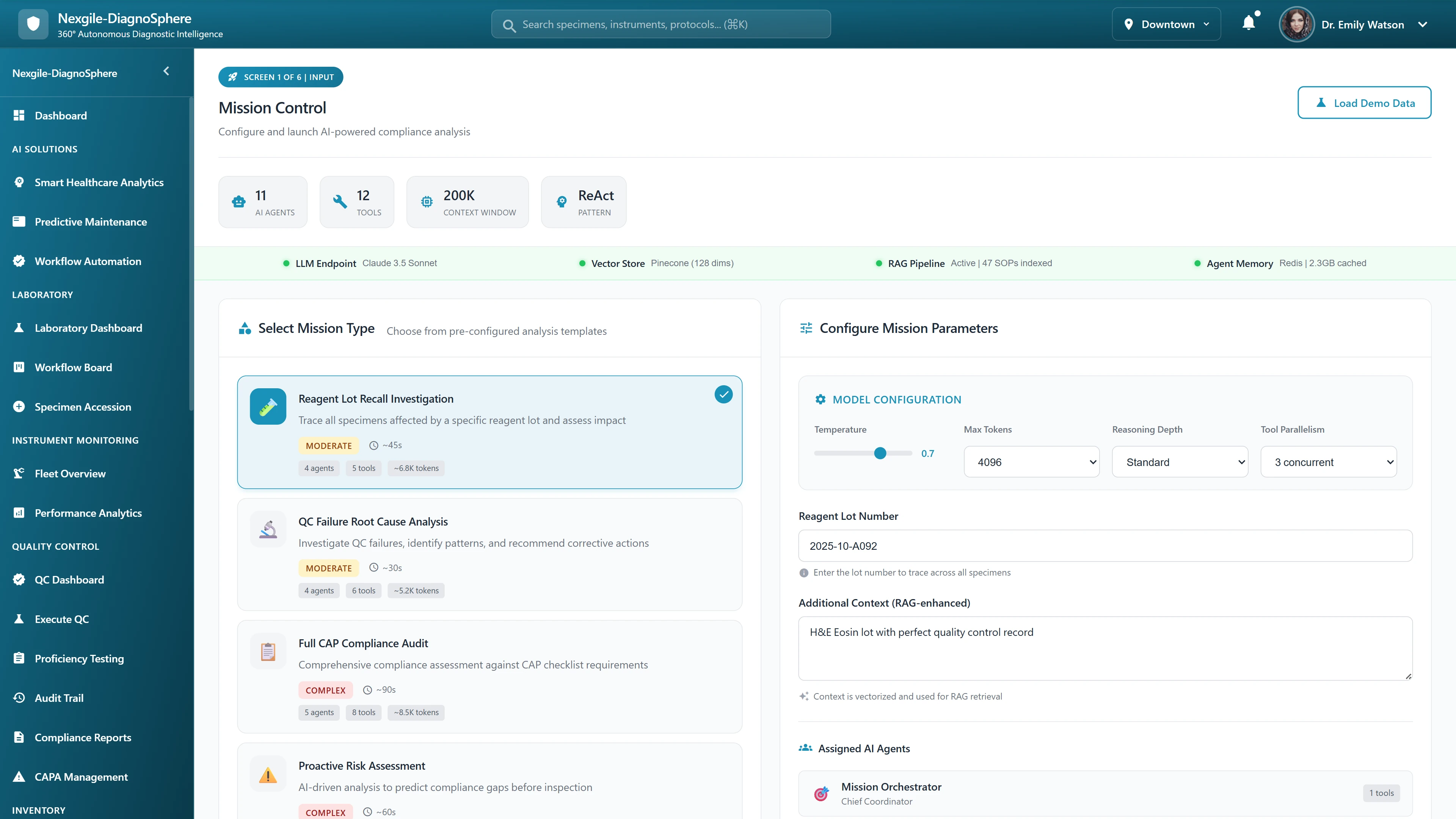 Mission Control Interface - Mission type selection and configuration for compliance analysis workflows