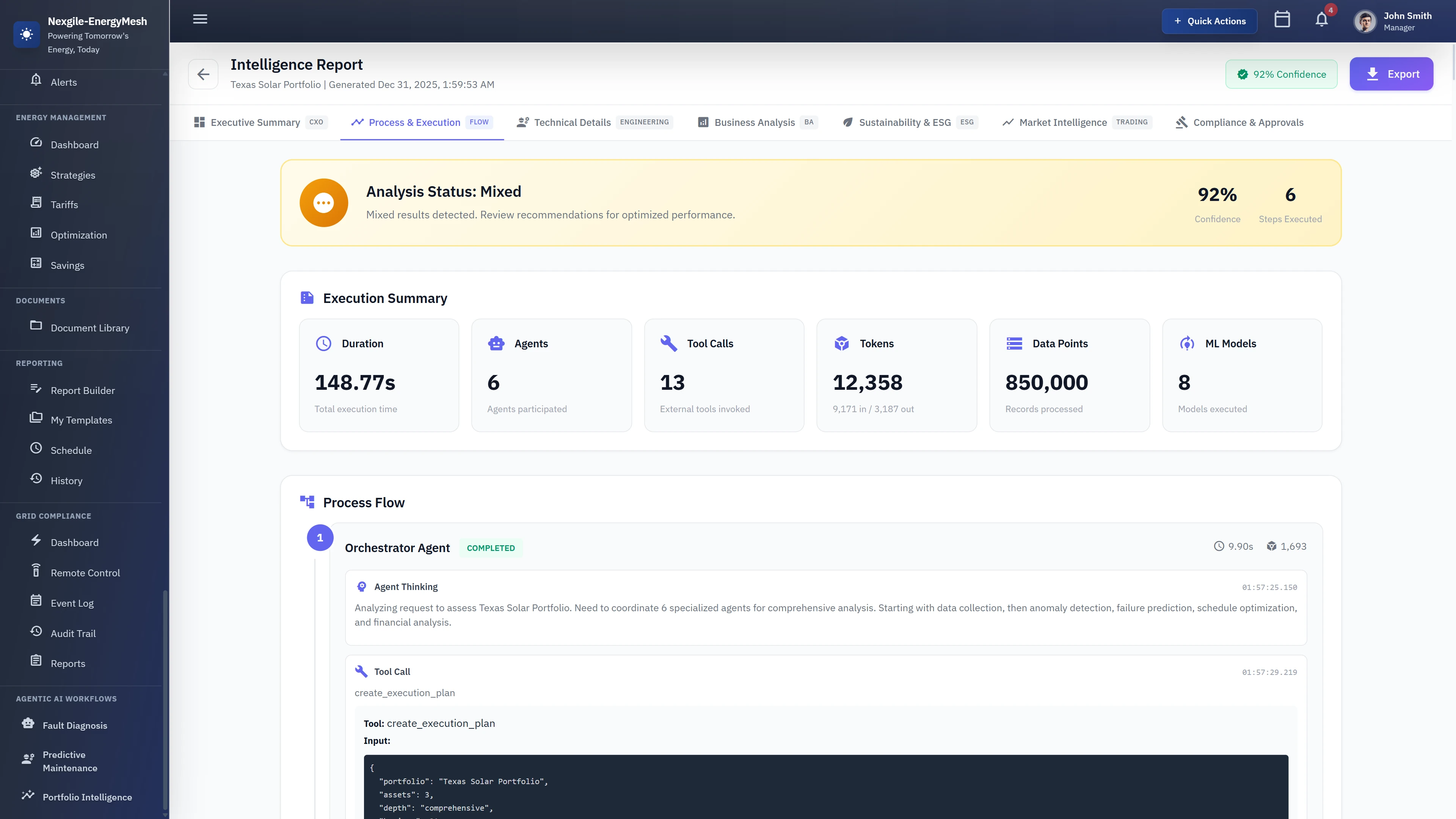 Process Execution - Detailed agent orchestration metrics showing 6 agents, 13 tool calls, and 850K data points processed
