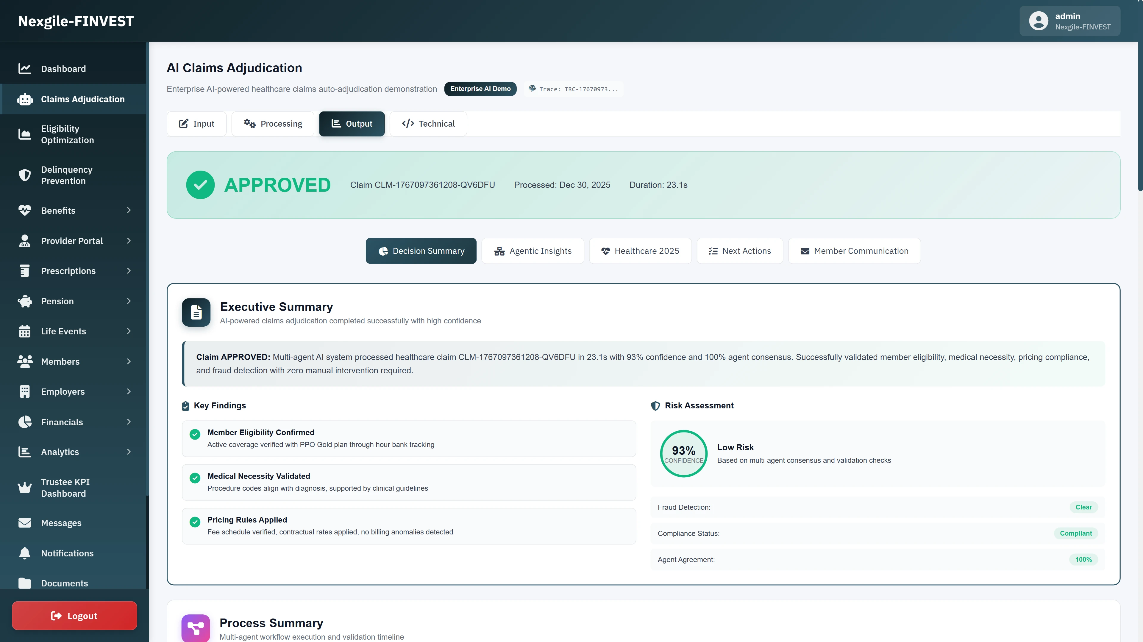 Claims adjudication output displaying an APPROVED decision with 93% confidence score, executive summary of multi-agent consensus, key findings (Member Eligibility Confirmed, Medical Necessity Validated, Pricing Rules Applied), and comprehensive risk assessment with fraud detection and compliance status