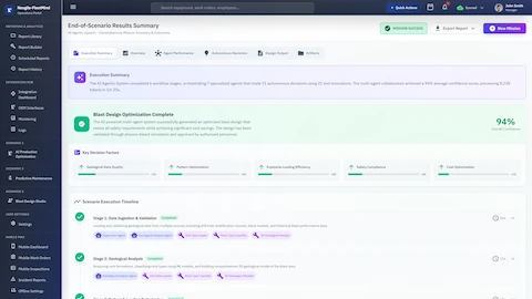 End-of-Scenario Results Summary displaying mission success status with 94% overall confidence, execution summary of multi-agent collaboration, blast design optimization completion confirmation, key decision factors breakdown, and detailed scenario execution timeline with completed workflow stages.