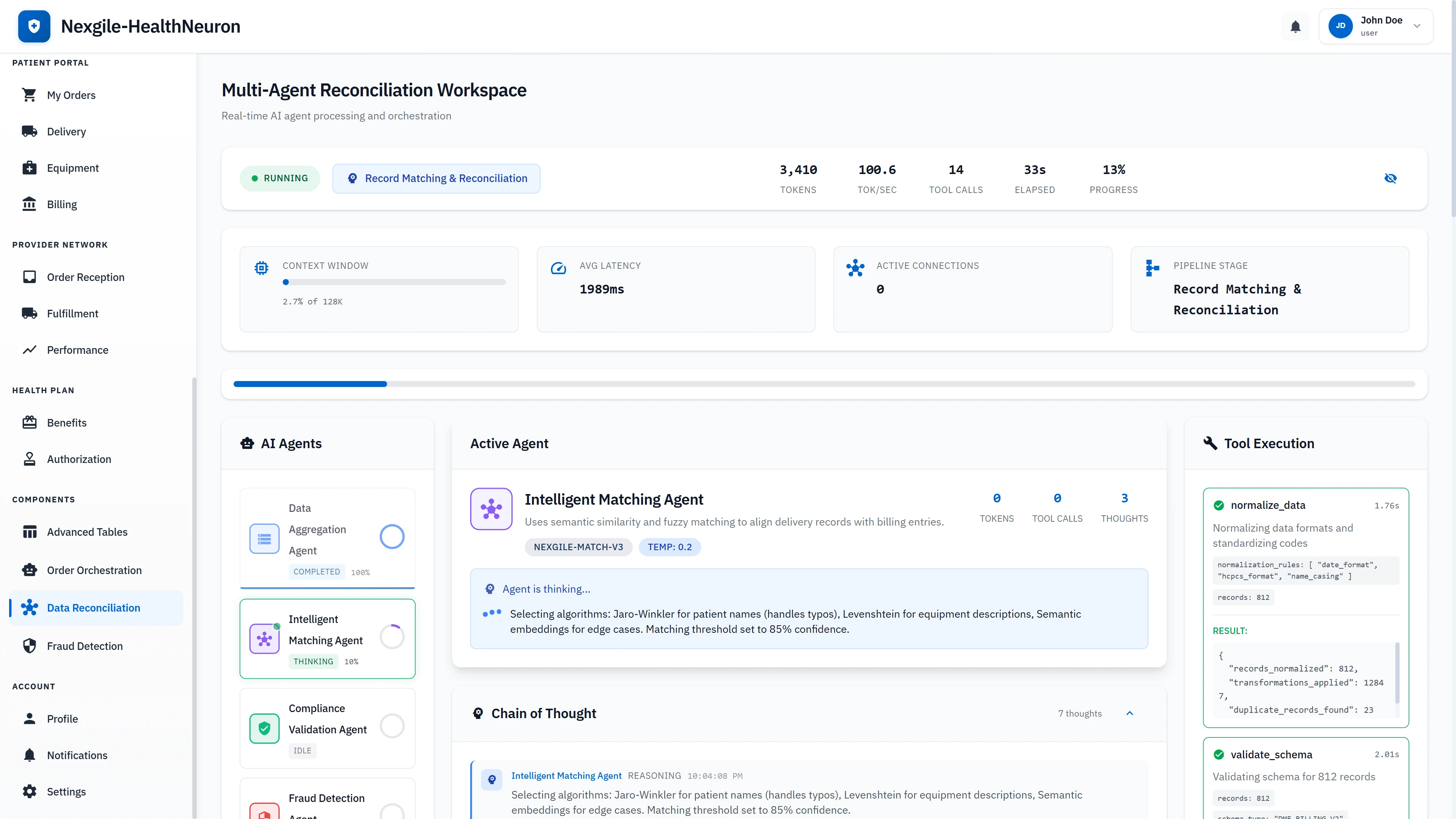 Live reconciliation workspace showing Intelligent Matching Agent executing semantic similarity algorithms with real-time chain-of-thought, tool execution visibility, and technical performance metrics