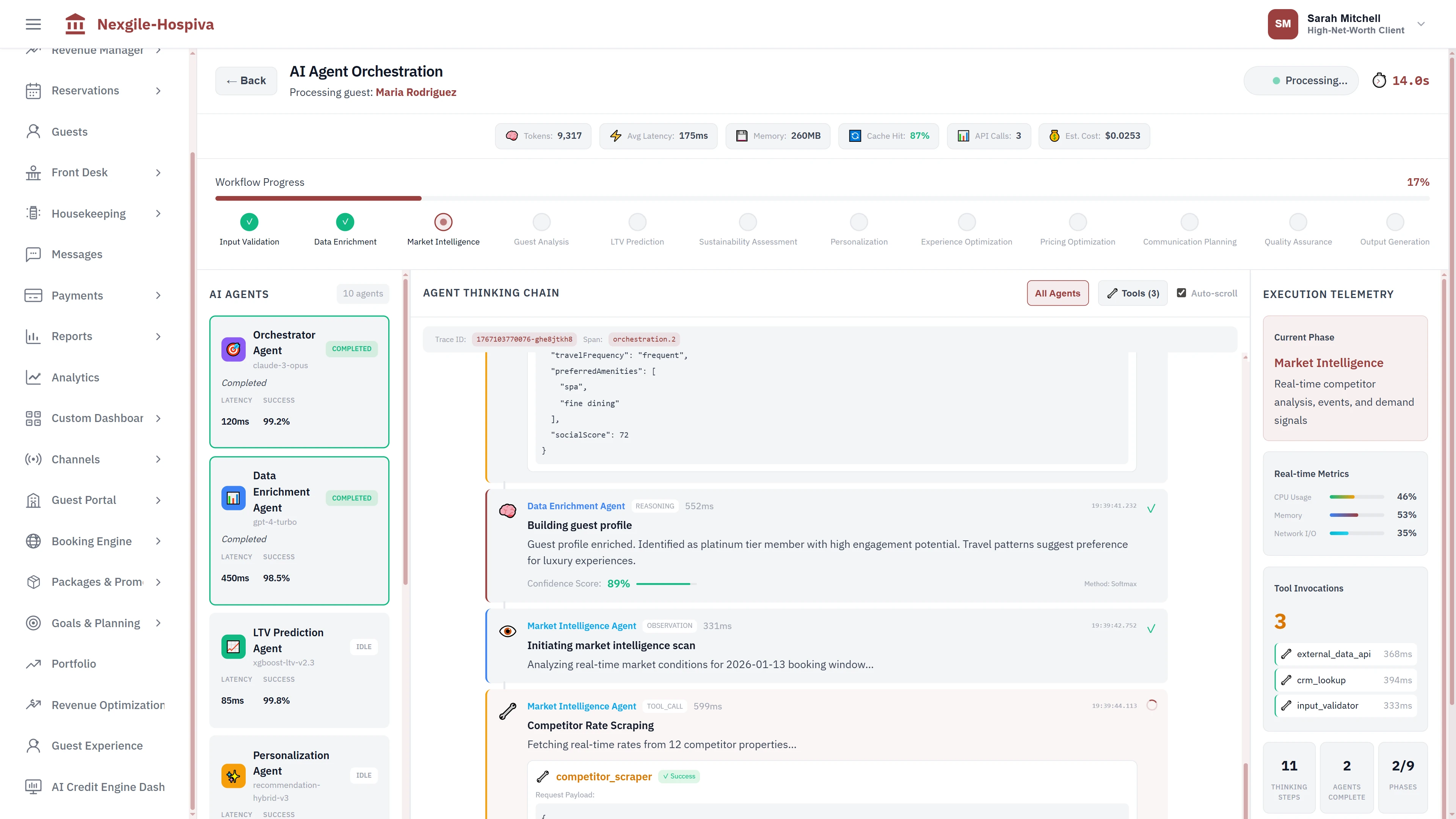 Multi-phase AI workflow execution showing agent pipeline, real-time thinking chain, and execution telemetry with system metrics