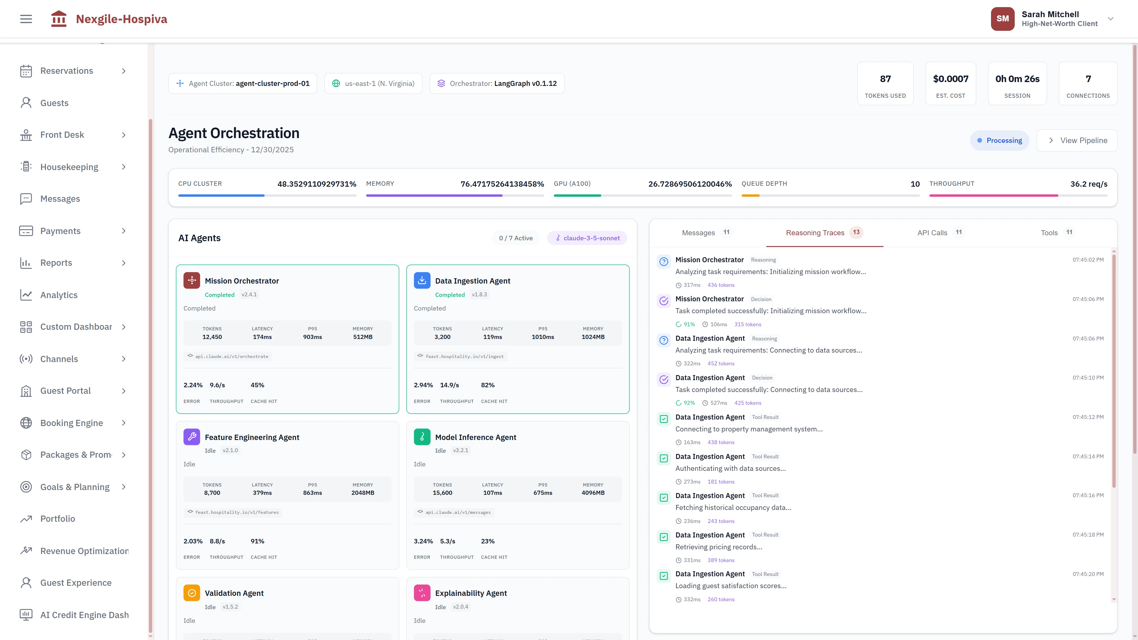 Agent orchestration execution view with system infrastructure metrics, agent performance monitoring, and real-time activity logging