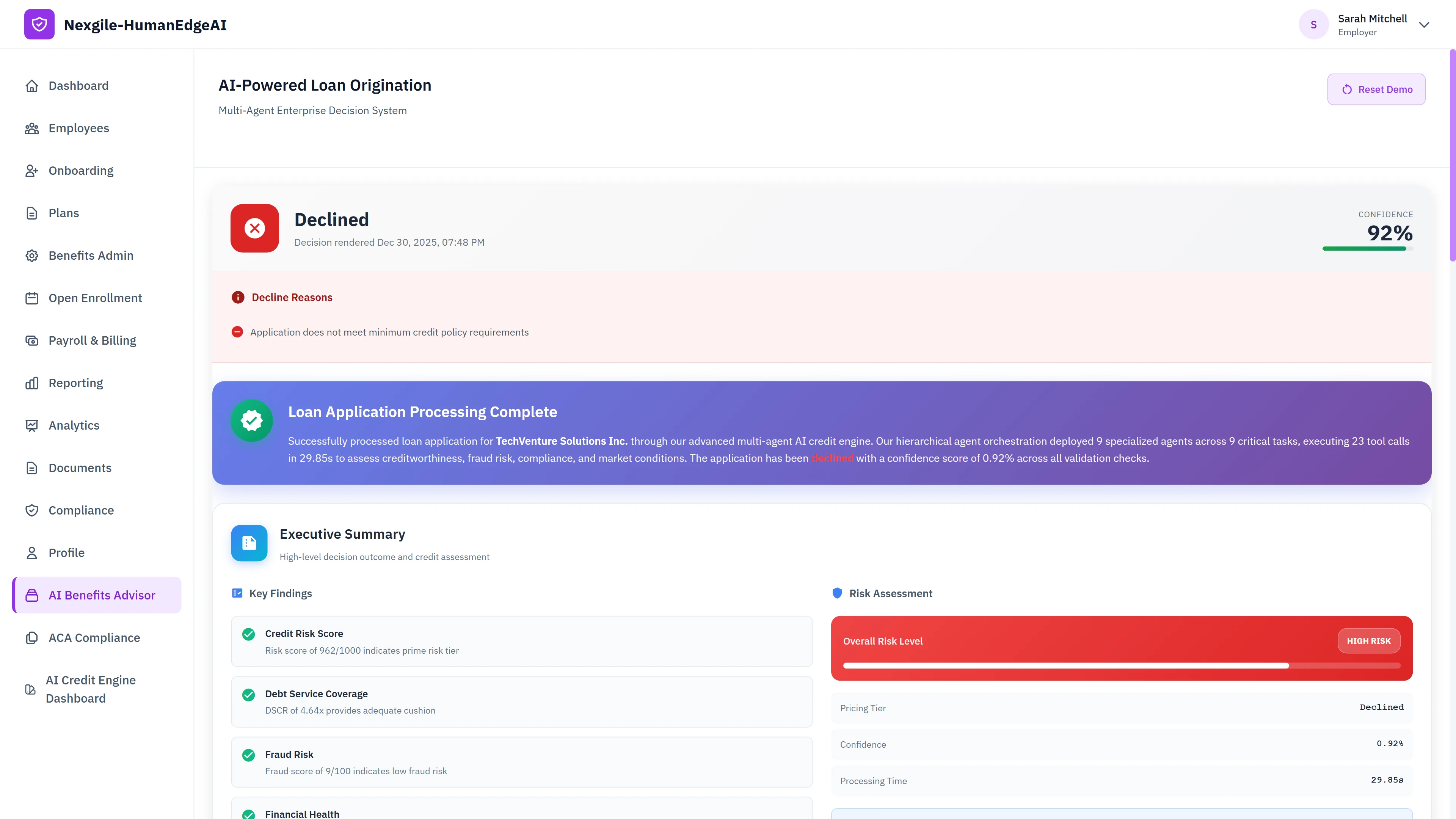 Loan decision outcome screen displaying declined status with 92% confidence, executive summary with key findings including credit risk score, debt service coverage ratio, fraud risk assessment, and overall risk level classification