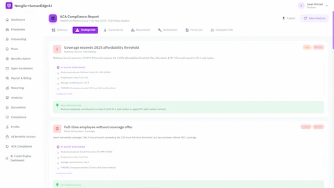 Compliance findings detail view showing specific violations with AI agent reasoning traces, including affordability threshold exceedances and full-time employees without coverage offers, with confidence scores and actionable remediation recommendations for each finding