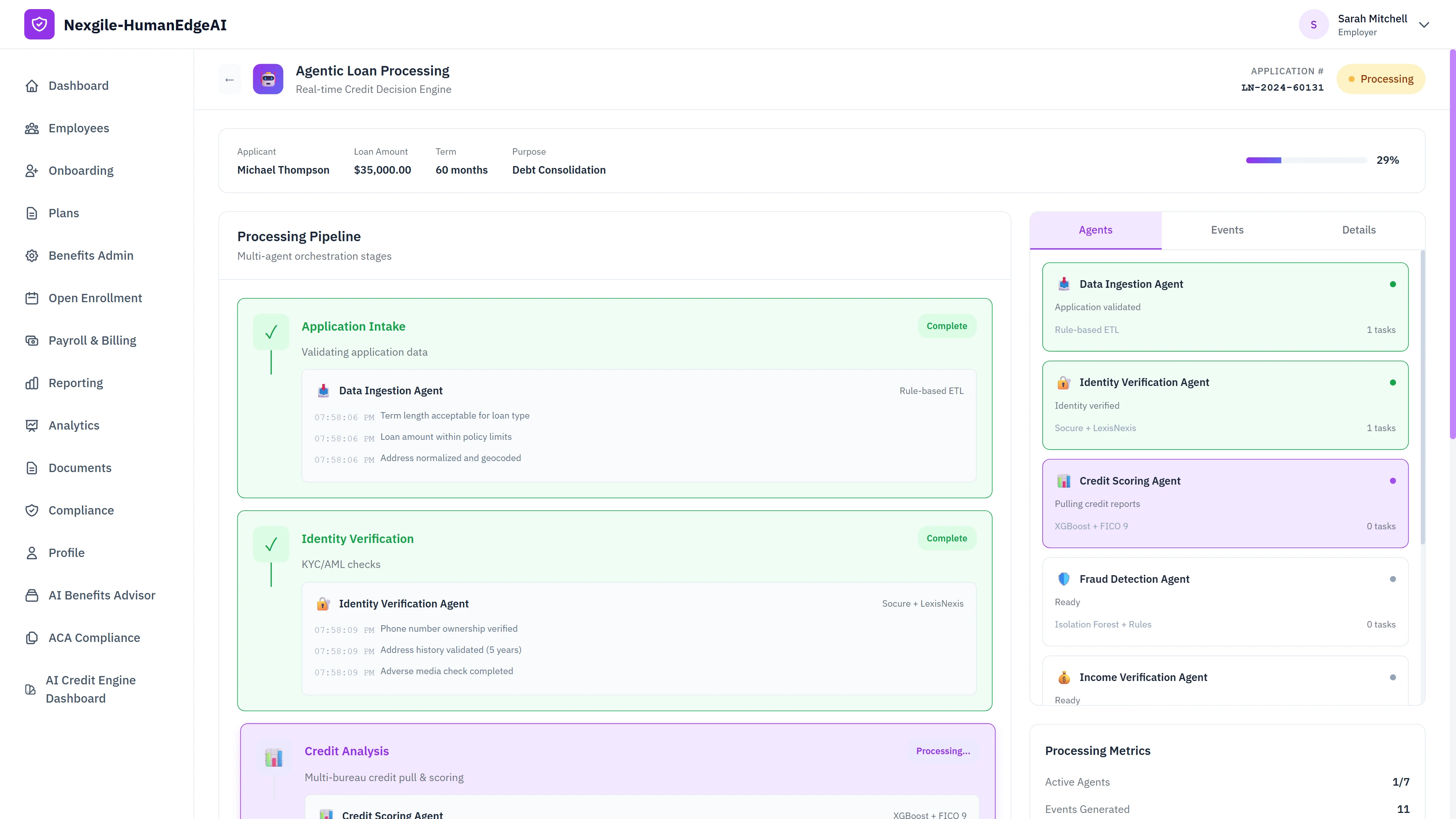 Agentic loan processing pipeline interface showing multi-stage orchestration with application intake and identity verification complete, credit analysis in progress, and real-time agent status panel displaying Data Ingestion, Identity Verification, Credit Scoring, and Fraud Detection agents with processing metrics