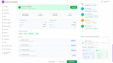 Loan decision approved screen showing $35,000 loan at 12.47% APR with $778.25 monthly payment, credit assessment displaying 742 FICO 9 score in PRIME tier, fraud assessment at 8/100 (VERY_LOW risk), compliance verification badges for ECOA, TILA, State Usury, and FCRA, and borrower next steps workflow