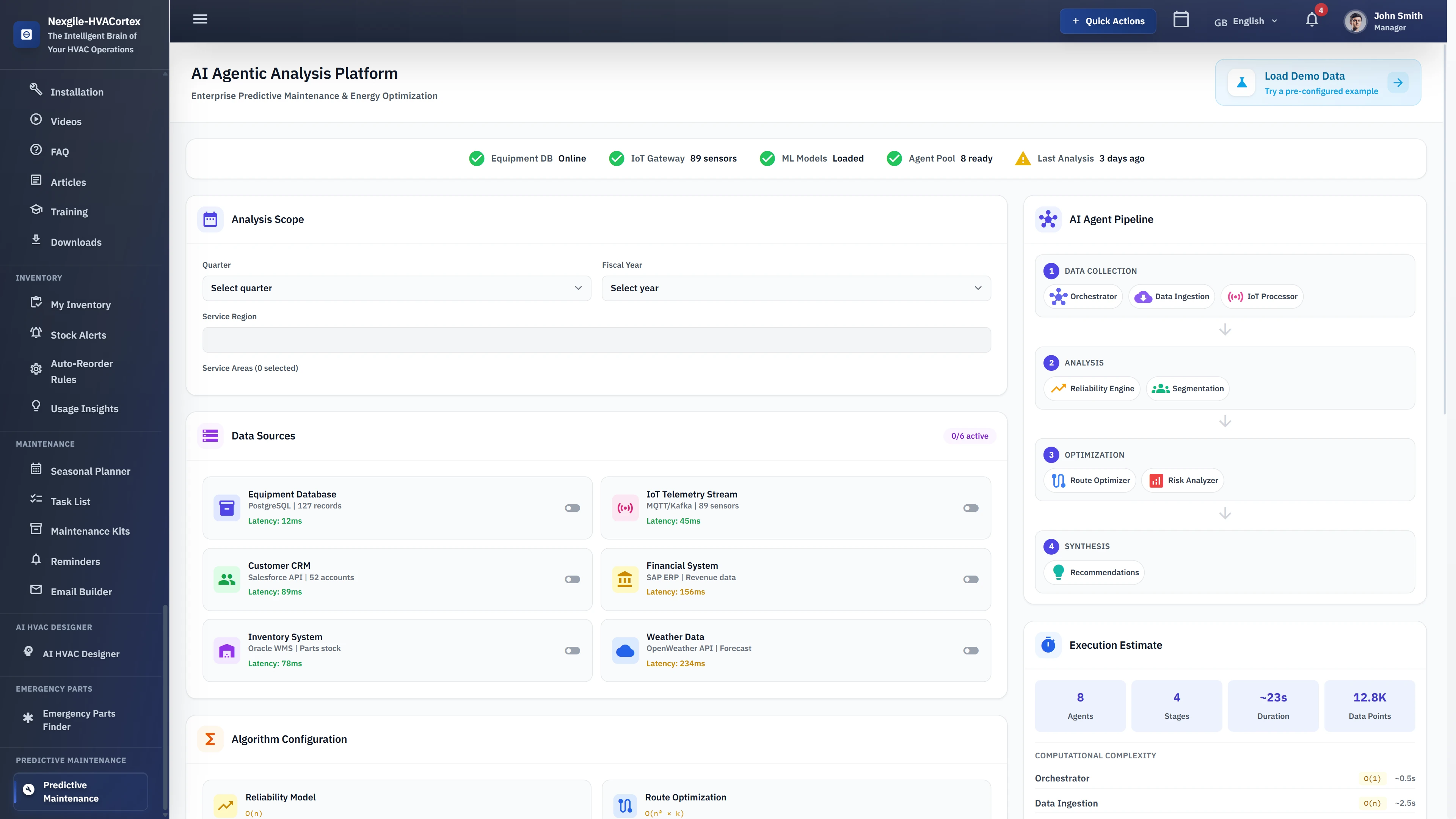 AI Agentic Analysis Platform - Configuration interface with 6 data sources, analysis scope settings, and 4-stage AI agent pipeline preview