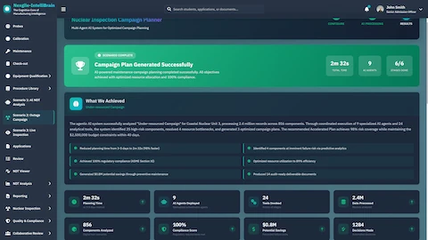 Campaign Plan Generated Successfully - AI-powered planning completed in 2m 32s, analyzing 856 components with 100% compliance score, $0.5M potential savings, and 1284 decisions made