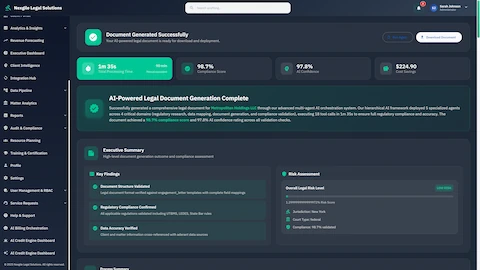 Document Generation Results - Successful completion dashboard showing 1m 35s processing time (vs 90 min manual equivalent), 98.7% compliance score, 97.8% AI confidence rating, $224.90 cost savings, executive summary with key findings (Document Structure Validated, Regulatory Compliance Confirmed, Data Accuracy Verified), and LOW risk assessment for New York federal jurisdiction