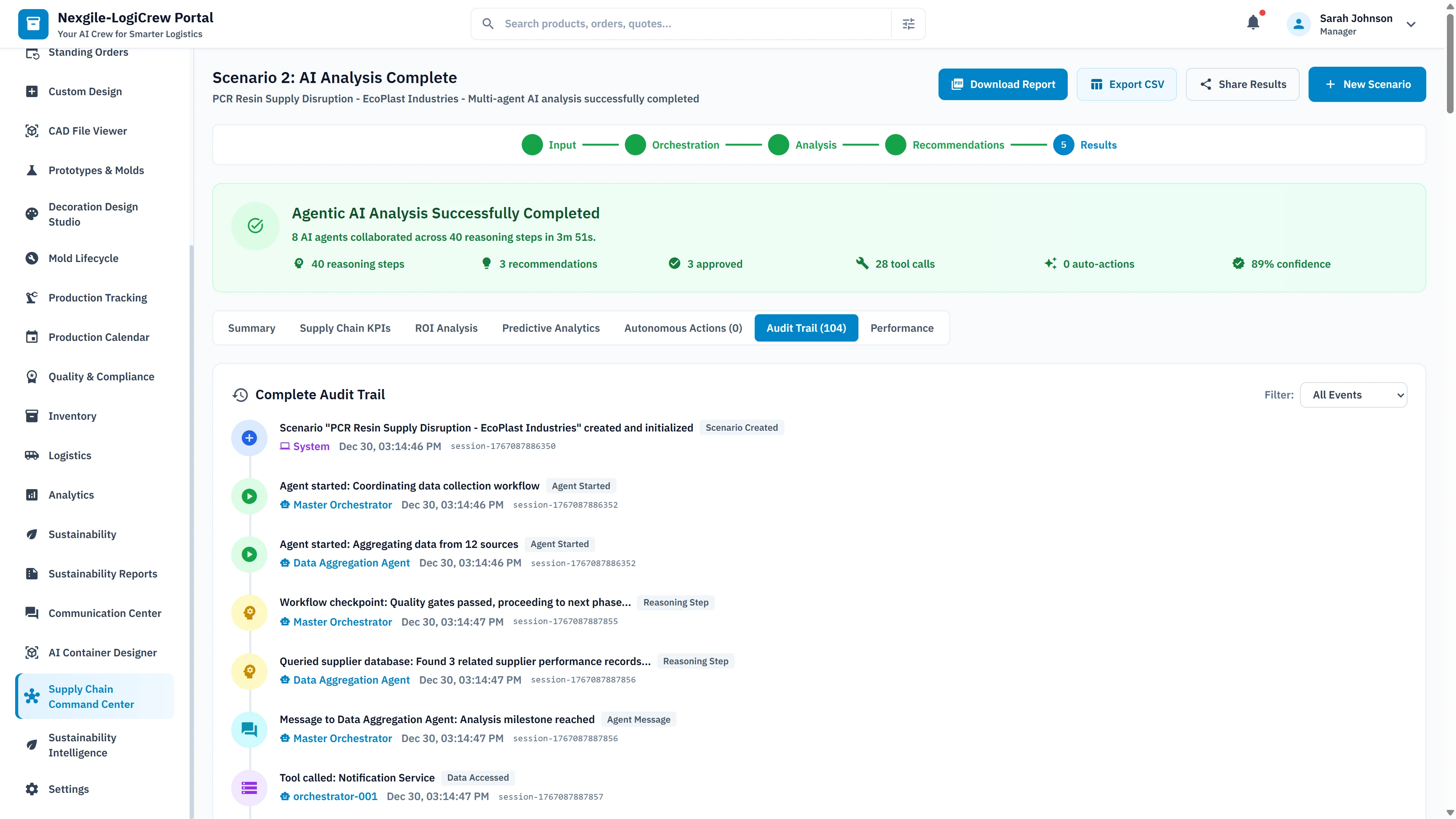 Complete audit trail with timestamped agent activities, workflow checkpoints, inter-agent messaging, and tool invocations for compliance documentation