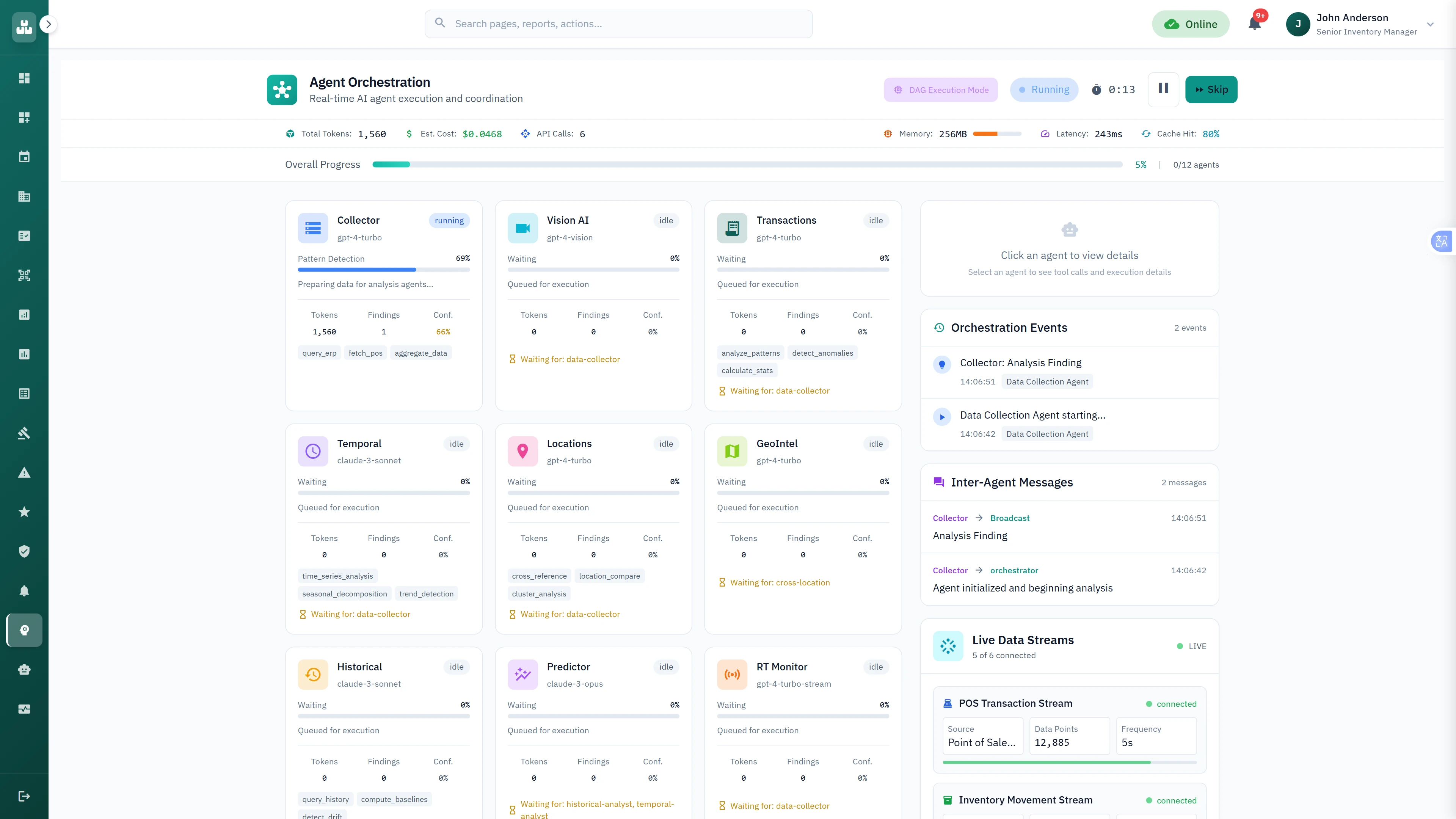 Real-time multi-agent orchestration displaying 12 AI agents analyzing variance patterns with live data streams