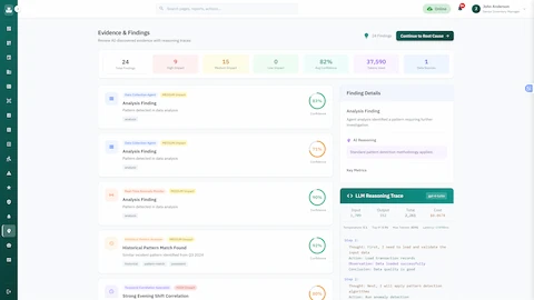 Investigation findings with detailed agent analysis results and multi-source evidence correlation