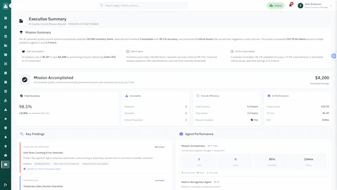 Executive Summary with mission results, accuracy improvements, cost savings, and key quality findings