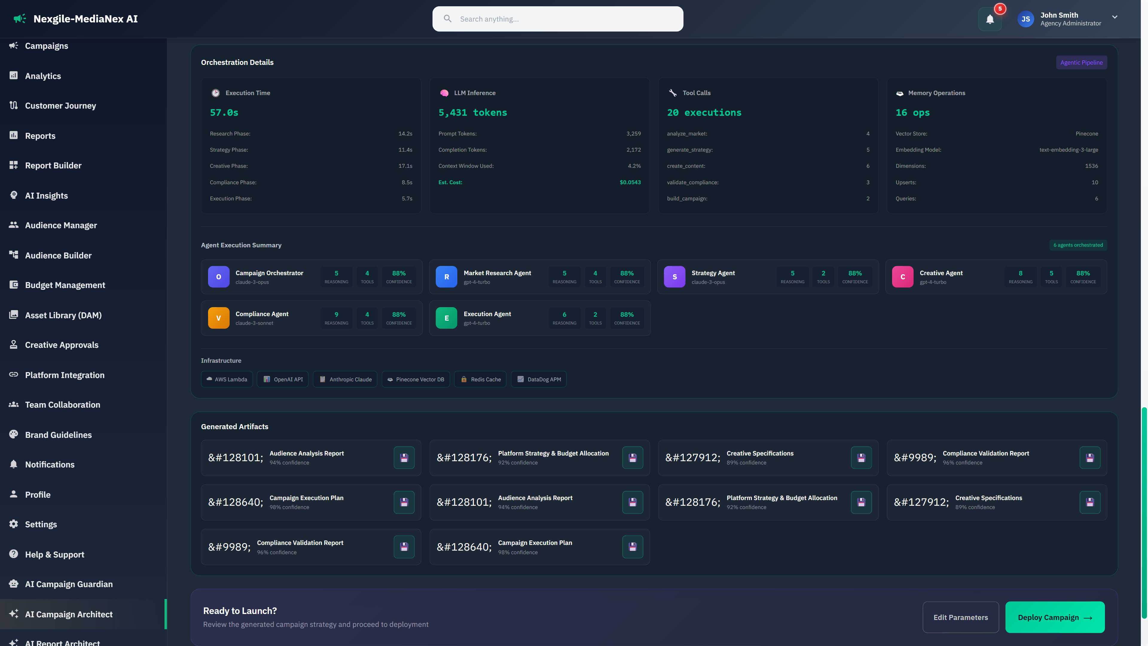 Orchestration details showing agent execution summary, generated artifacts, and deployment readiness