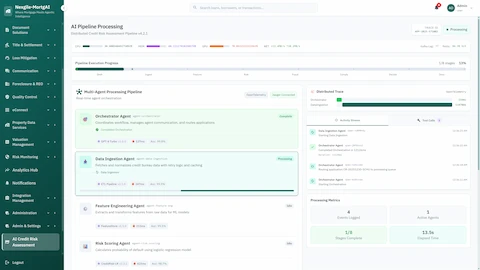Real-time AI pipeline processing view showing multi-agent orchestration with distributed tracing, agent status, and processing metrics