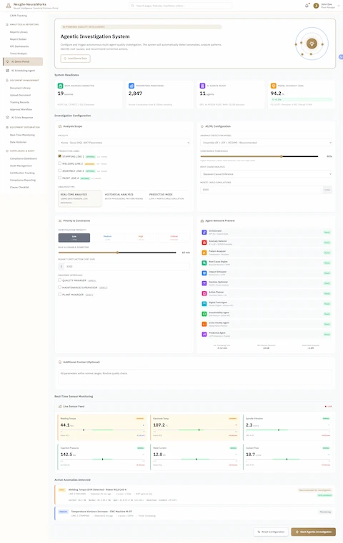 Agentic Investigation System Configuration - Comprehensive setup interface displaying system readiness metrics (2,847 parameters monitored across 19 data sources, 11 AI agents ready, 94.2% model accuracy), investigation scope configuration with facility and production line selection, AUML anomaly detection model settings with configurable confidence thresholds, priority and constraint management, agent network preview showing all 11 specialized agents, real-time sensor monitoring with live feeds tracking critical parameters (welding torque, electrode temp, injection pressure, mold current, spindle vibration, coolant flow), and active anomaly detection alerts identifying quality issues requiring investigation