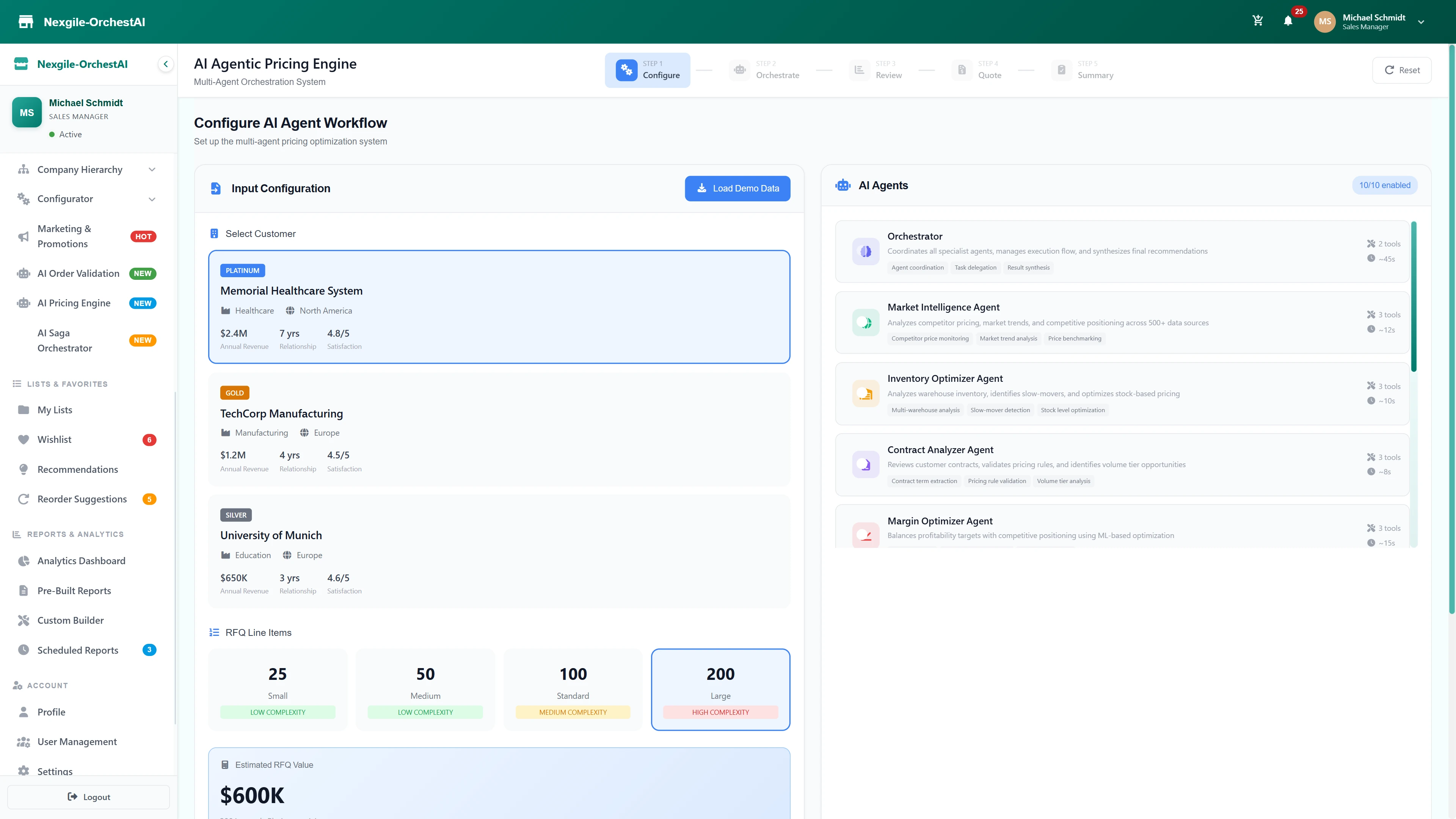 RFQ Configuration Workflow - Select customers, configure RFQ complexity (25-200 line items), and view the 10 specialized pricing agents ready for orchestration
