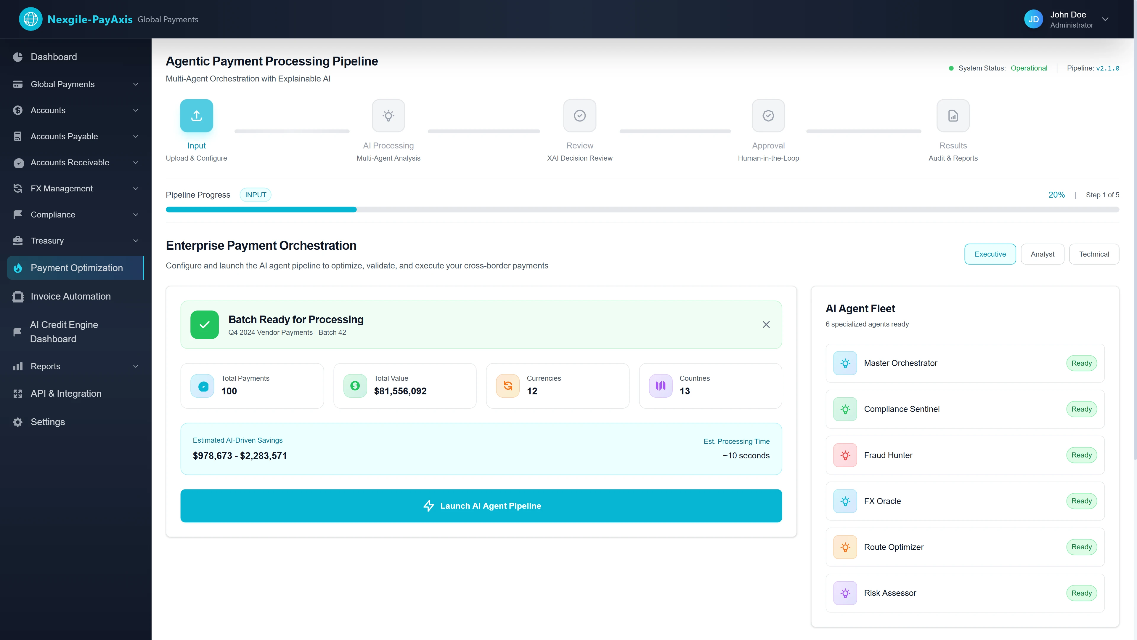 Enterprise Payment Orchestration Input - Batch configuration showing 100 payments totaling $81.5M across 12 currencies and 13 countries, 6 specialized AI agents ready for deployment with estimated savings of $978K-$2.28M