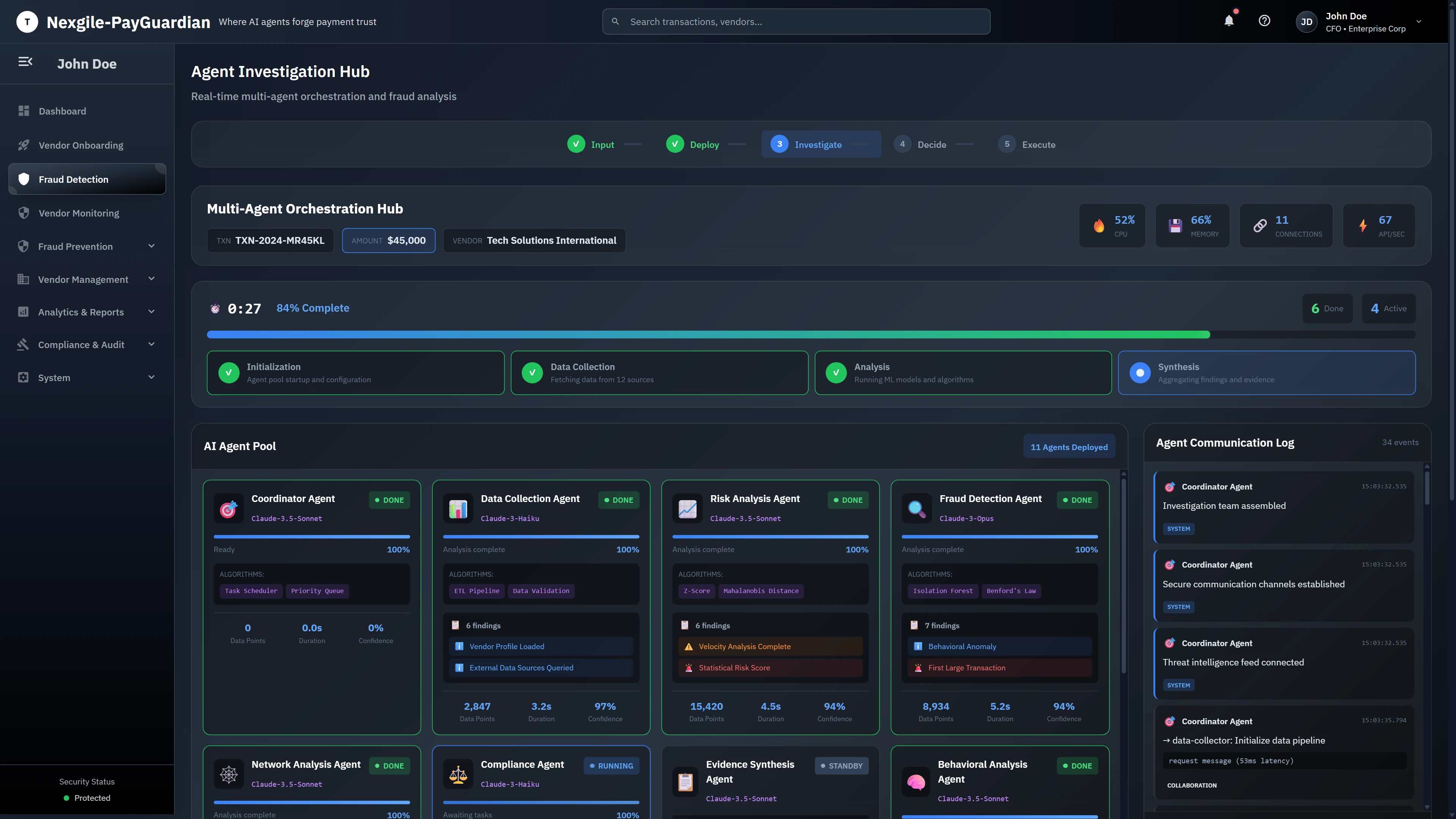Agent Investigation Hub - Real-time multi-agent orchestration dashboard showing 11 deployed agents (Coordinator, Data Collection, Risk Analysis, Fraud Detection, Network Analysis, Compliance, Behavioral Analysis) with workflow phases, resource metrics, and live agent communication log