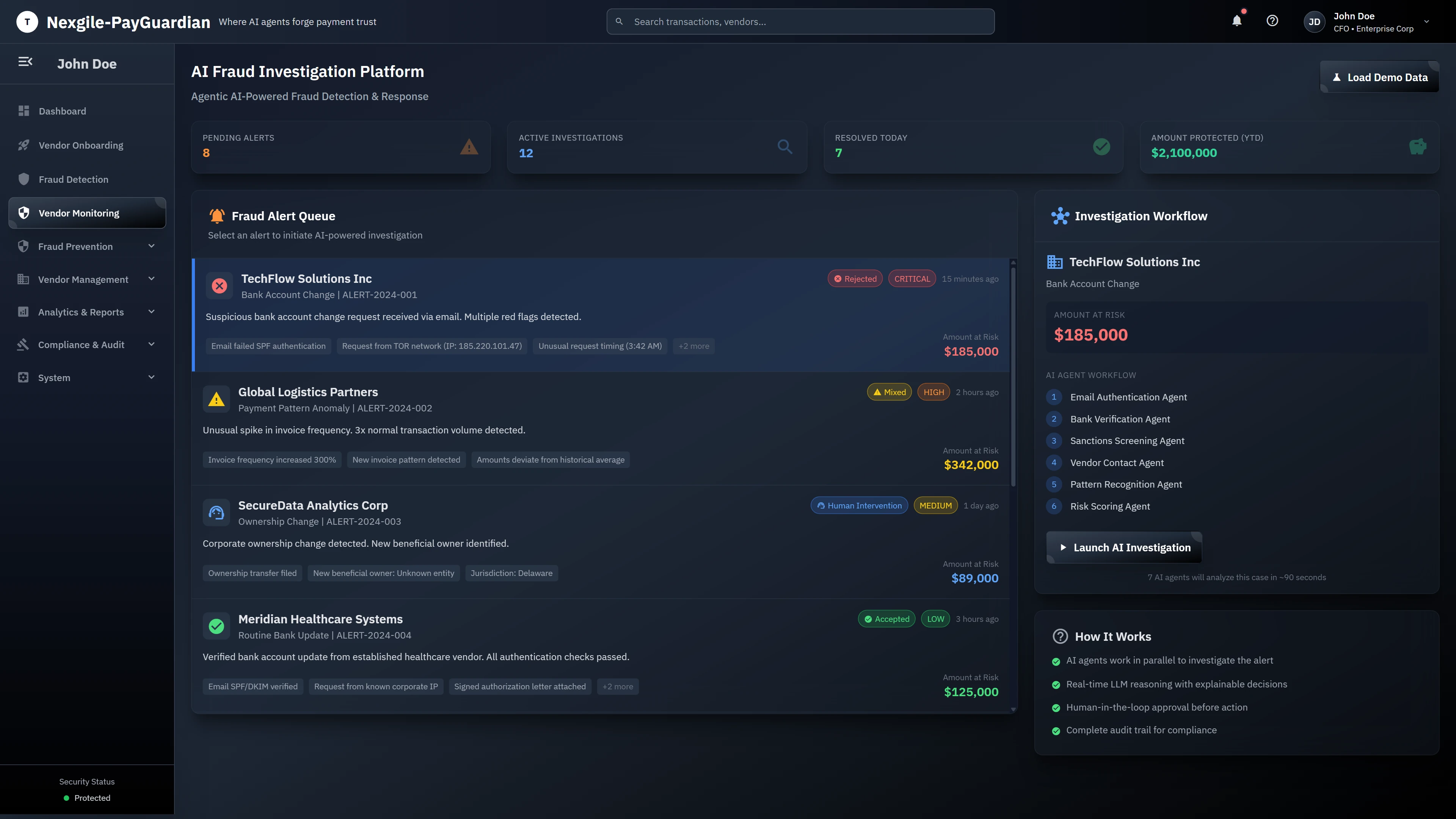 AI Fraud Investigation Platform - Case intake screen with fraud alert queue displaying multiple vendor alerts with severity levels (Critical, High, Medium, Low), investigation workflow showing 6 AI agents, and amount protected metrics ($2.1M YTD)