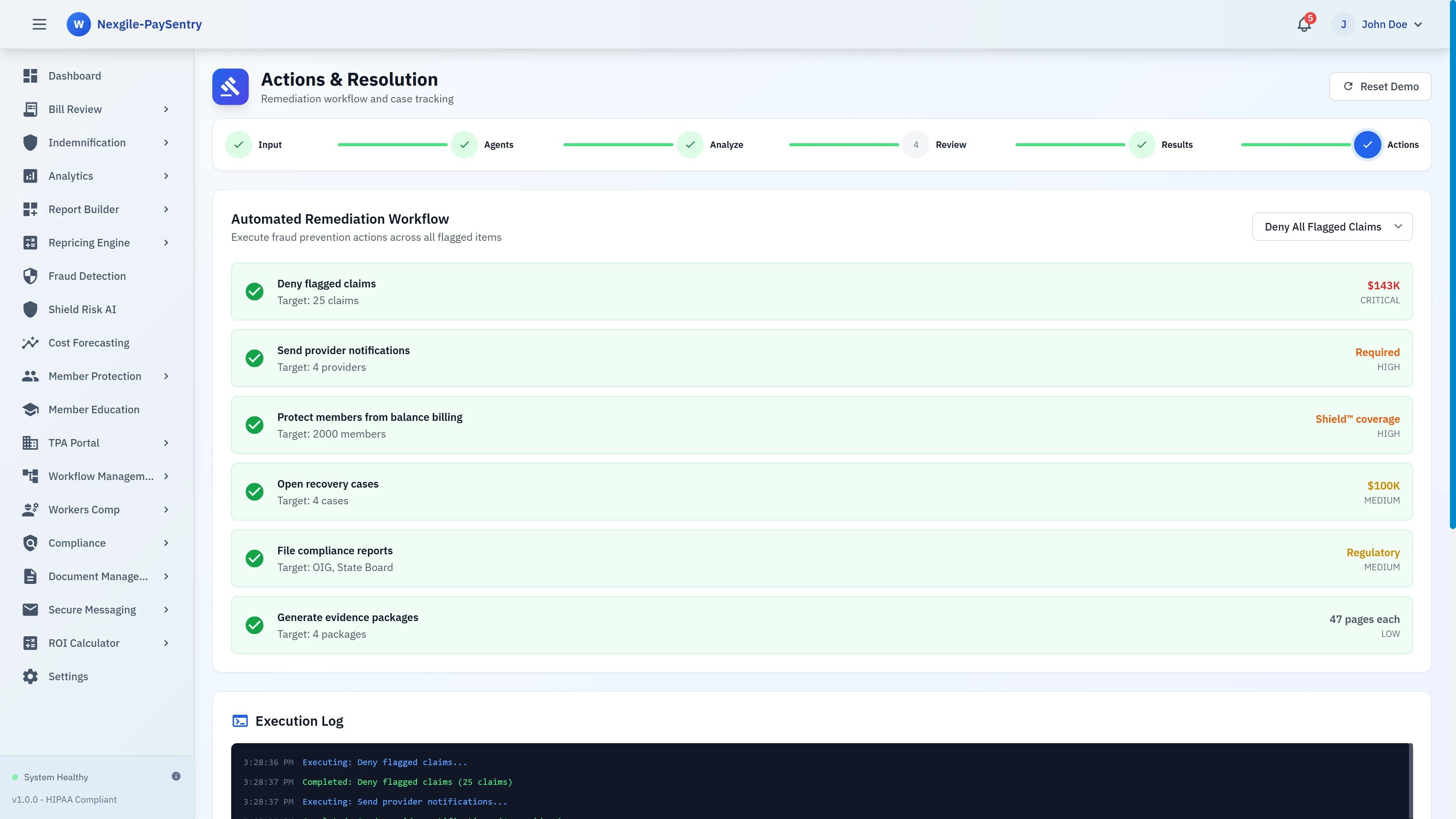 Actions & Resolution - Automated remediation workflow for fraud prevention including claim denials, provider notifications, and member protection from balance billing