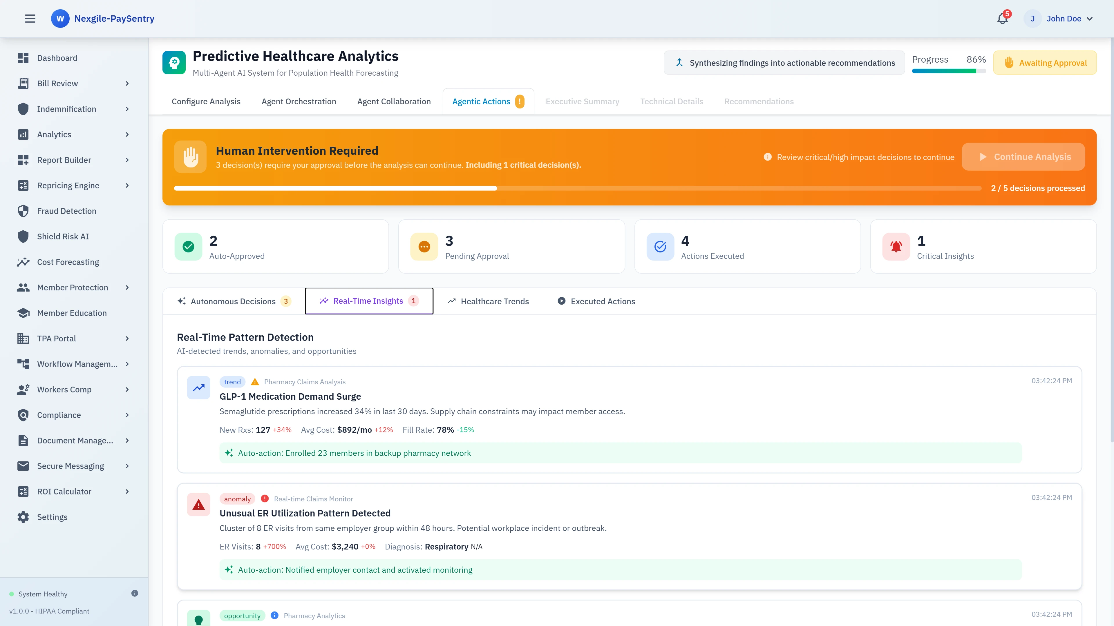 Agentic Actions - Human-in-the-loop approval workflow with autonomous decision tracking and real-time pattern detection for GLP-1 medication trends and unusual ER utilization
