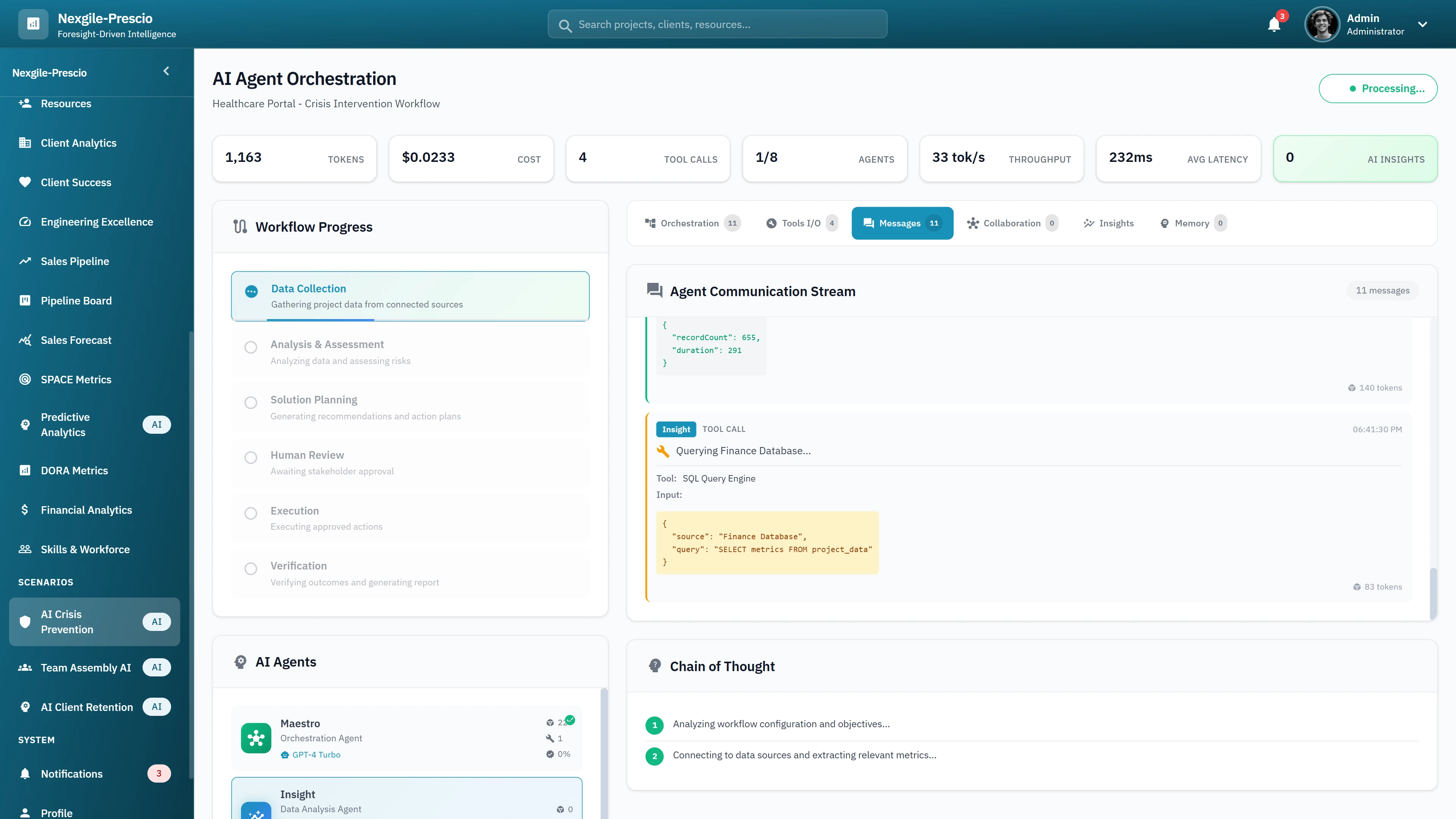 AI Agent Orchestration - Real-time workflow progress tracking with agent communication stream and chain-of-thought reasoning visualization