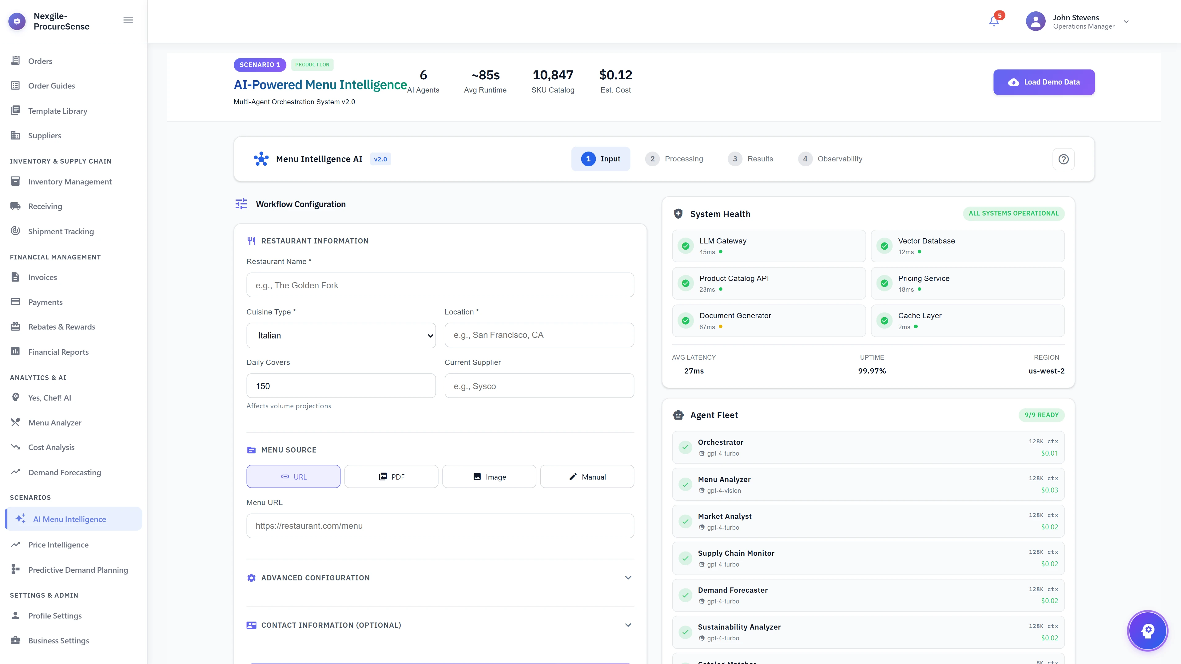 Workflow Configuration Screen - Restaurant profile setup with menu source selection, system health monitoring showing all services operational, and agent fleet displaying 9 AI agents ready for menu analysis workflow.