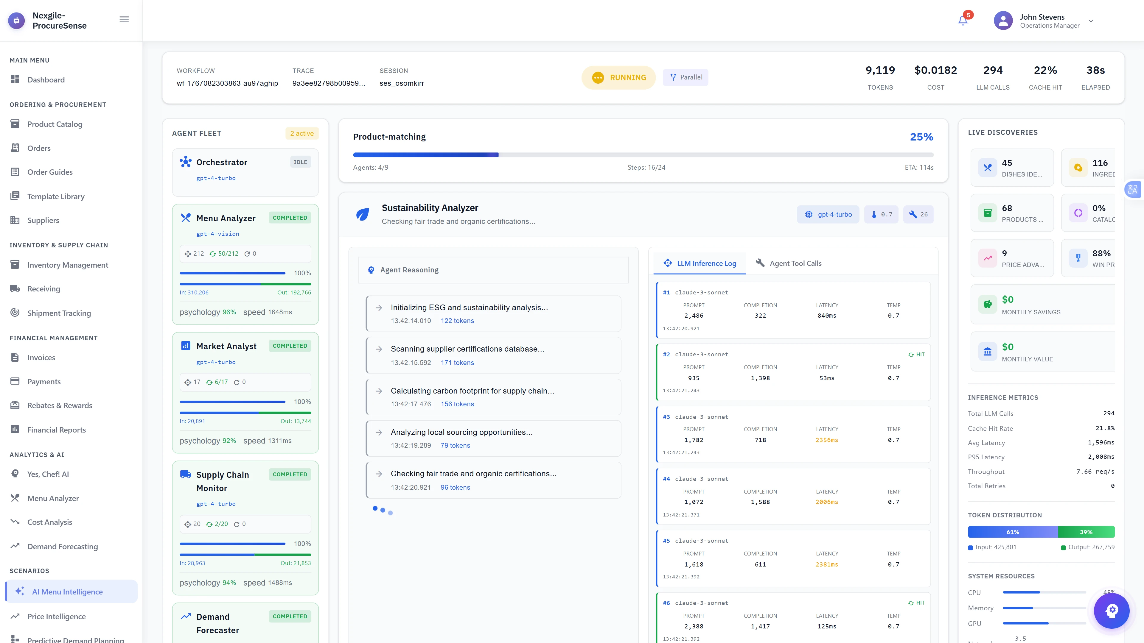 Live Multi-Agent Execution - Real-time workflow showing agents processing menu data at 25% completion, with Sustainability Analyzer actively running and live discoveries panel tracking 45 dishes, 116 ingredients, and 68 products identified.