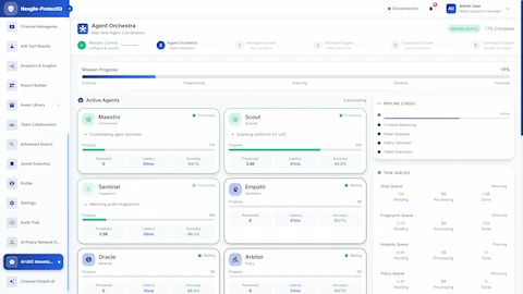 Real-time agent coordination displaying active agents with processing pipeline stages, task queues, and performance metrics